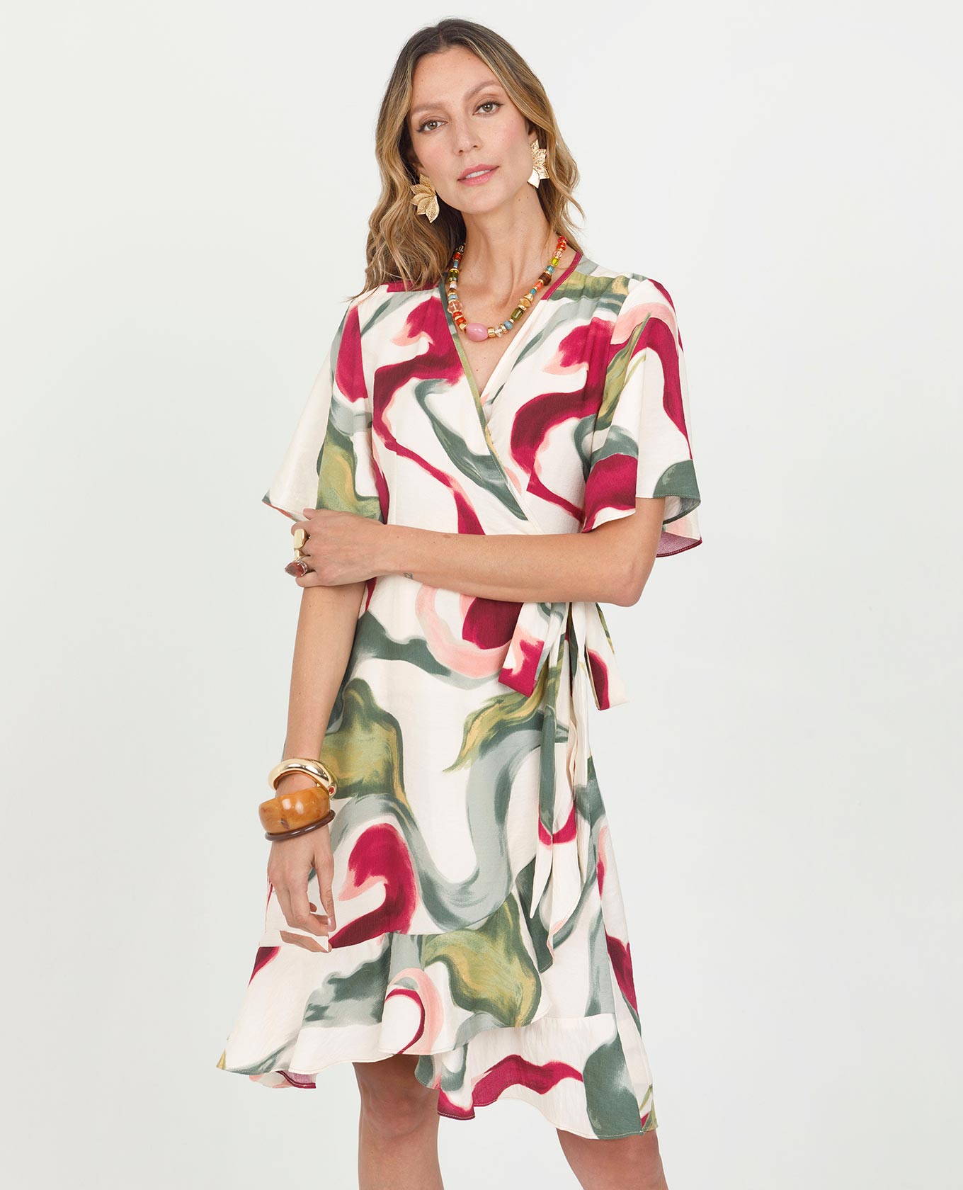 VESTIDO CORTO PARA MUJER ESTAMPADO SILUETA ENVOLVENTE MANGA CORTA Adrissa | Ropa para mujer Vestidos