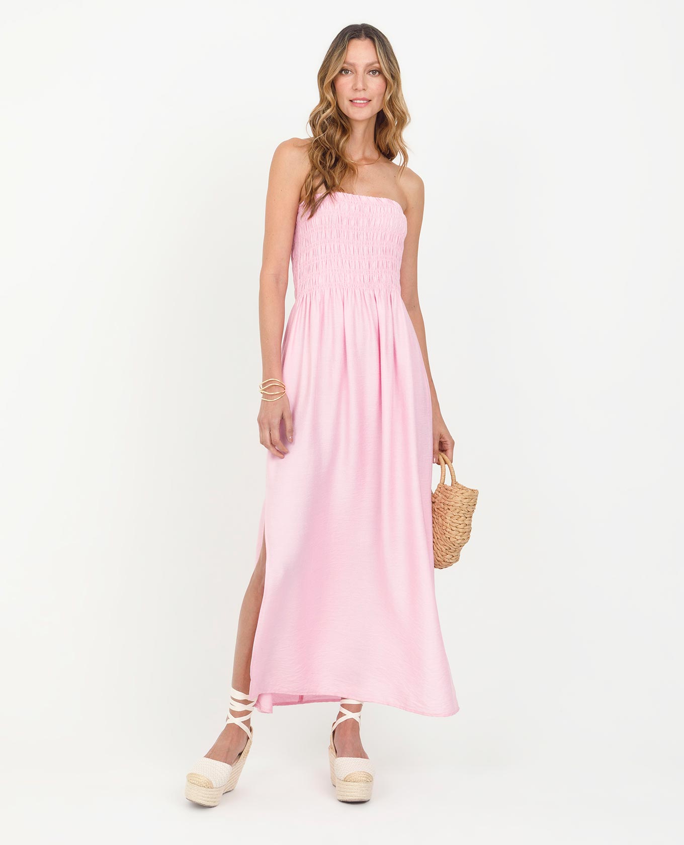 VESTIDO STRAPLESS PARA MUJER LARGO CON NIDO DE ABEJA Y ABERTURAS