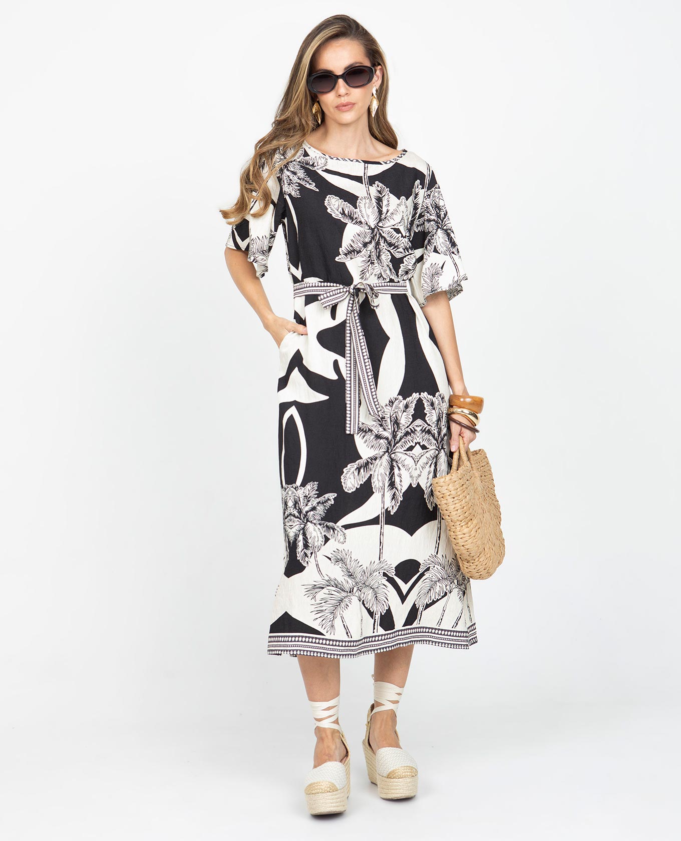 VESTIDO MIDI PARA MUJER ESTAMPADO BICOLOR SILUETA TALEGO CON CINTURÓN