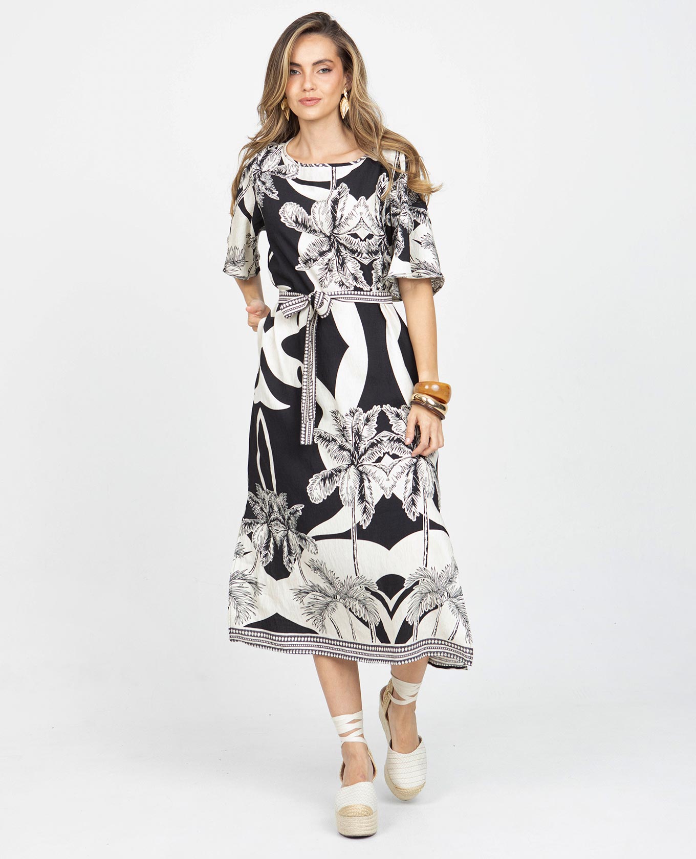 VESTIDO MIDI PARA MUJER ESTAMPADO BICOLOR SILUETA TALEGO CON CINTURÓN