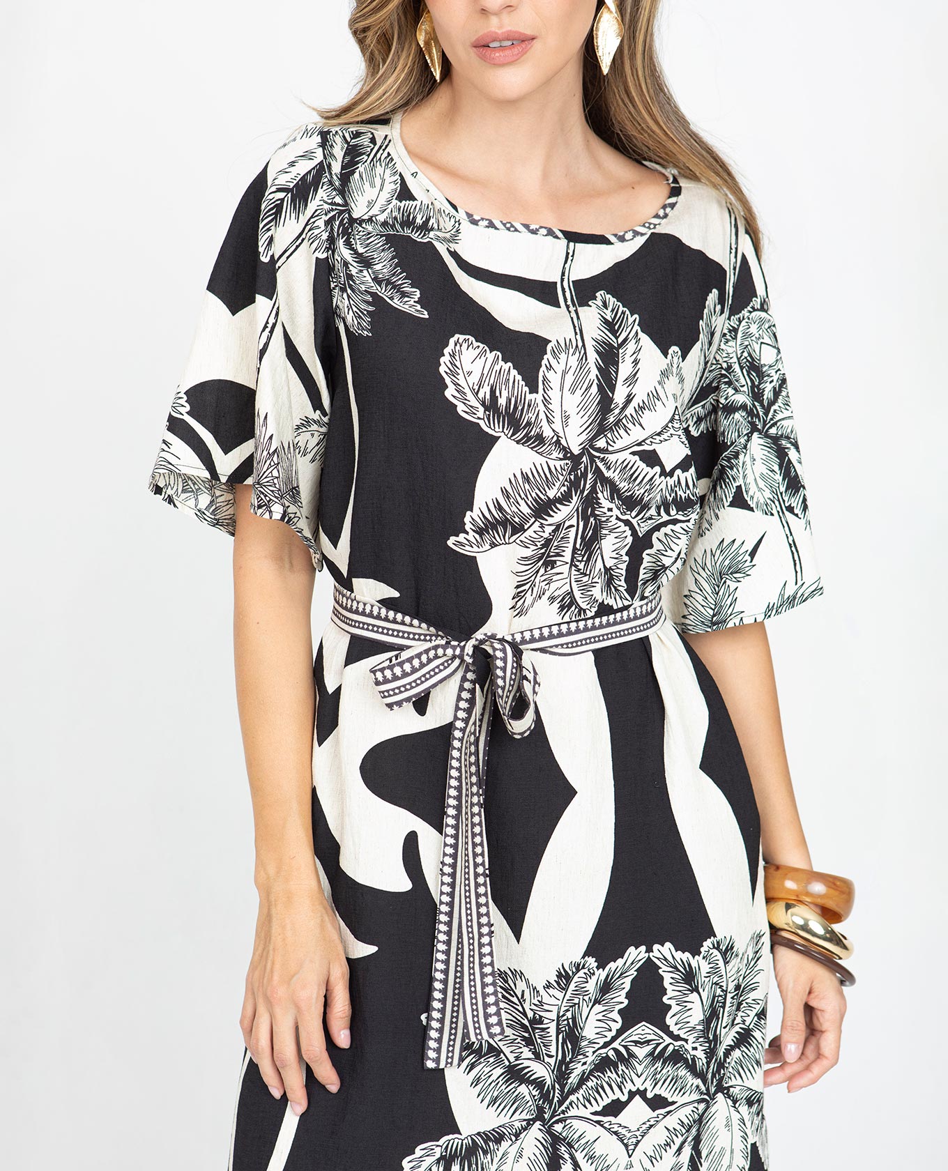 VESTIDO MIDI PARA MUJER ESTAMPADO BICOLOR SILUETA TALEGO CON CINTURÓN