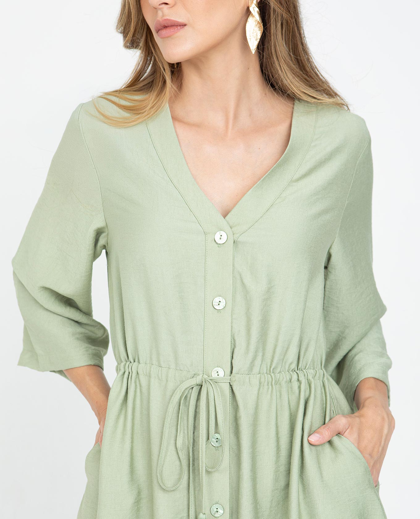 VESTIDO MIDI PARA MUJER ESCOTE V CINTURA CON CANAL PARA AJUSTAR MANGA 3/4 Adrissa | Ropa para mujer Vestidos