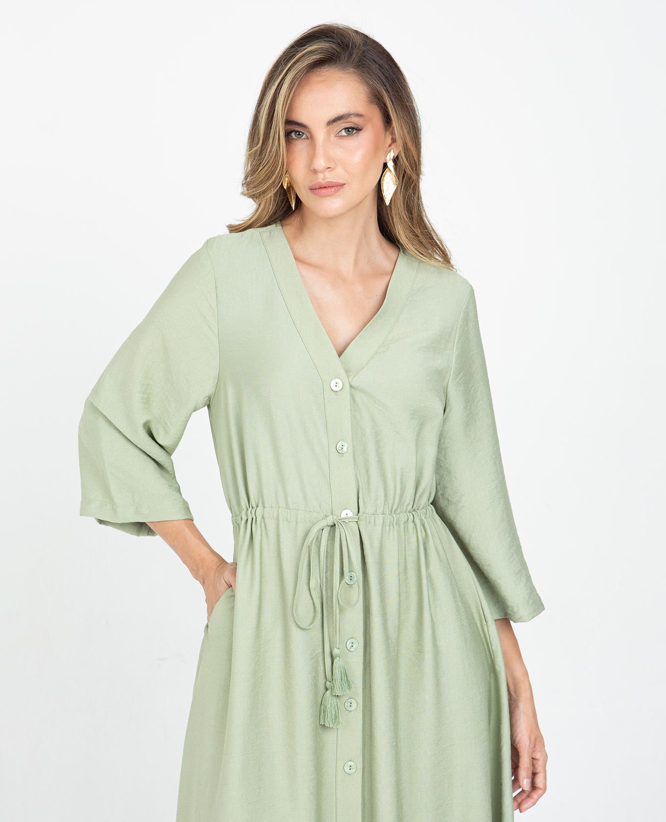 VESTIDO MIDI PARA MUJER ESCOTE V CINTURA CON CANAL PARA AJUSTAR MANGA 3/4 Adrissa | Ropa para mujer Vestidos