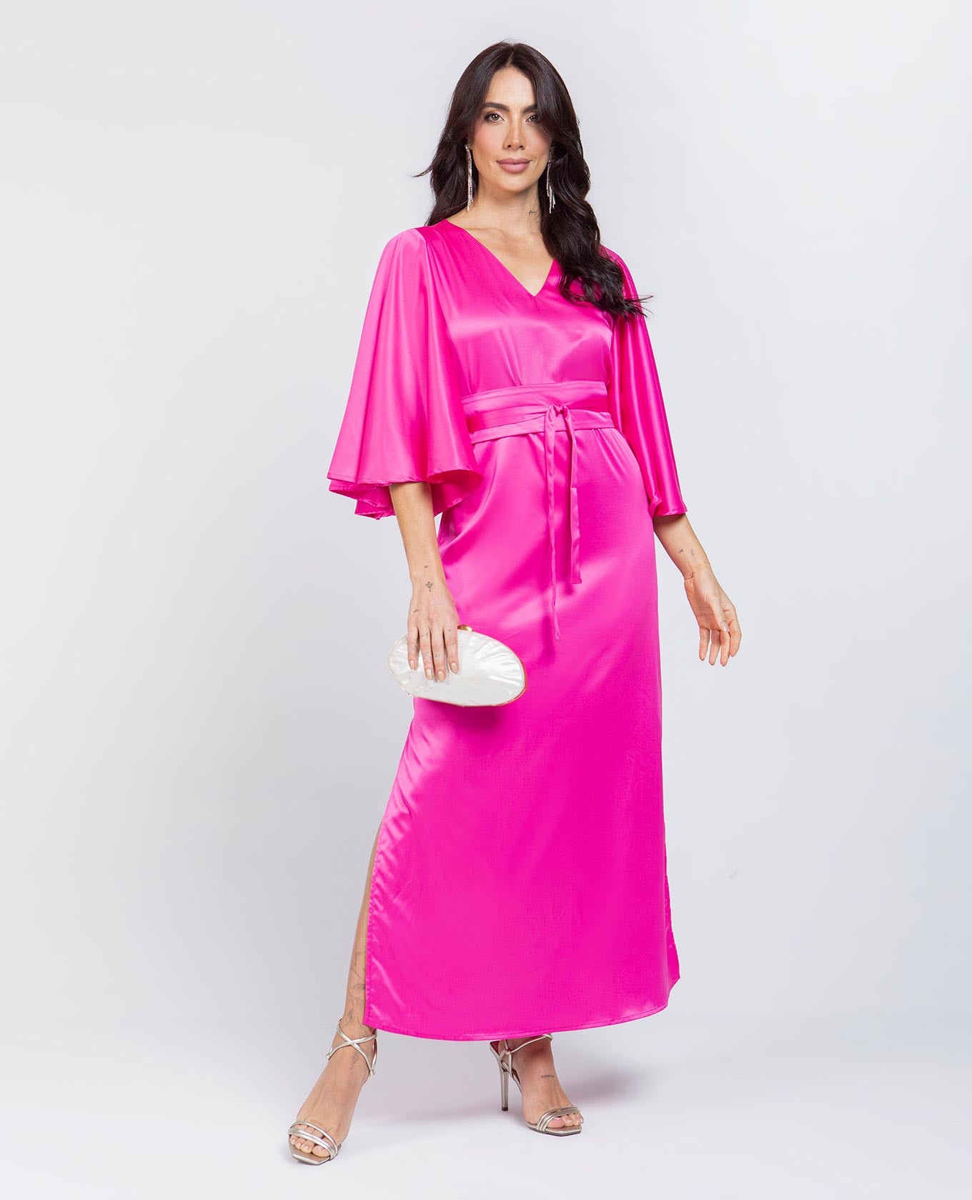 VESTIDO CELEBRACIÓN PARA MUJER ESCOTE V MANGA CON VUELO Y CINTURÓN OBI Adrissa | Ropa para mujer Vestidos