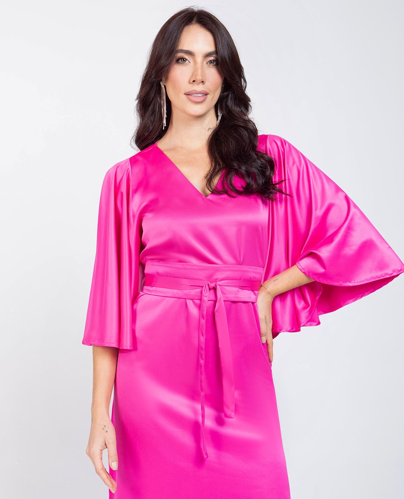 VESTIDO CELEBRACIÓN PARA MUJER ESCOTE V MANGA CON VUELO Y CINTURÓN OBI Adrissa | Ropa para mujer Vestidos