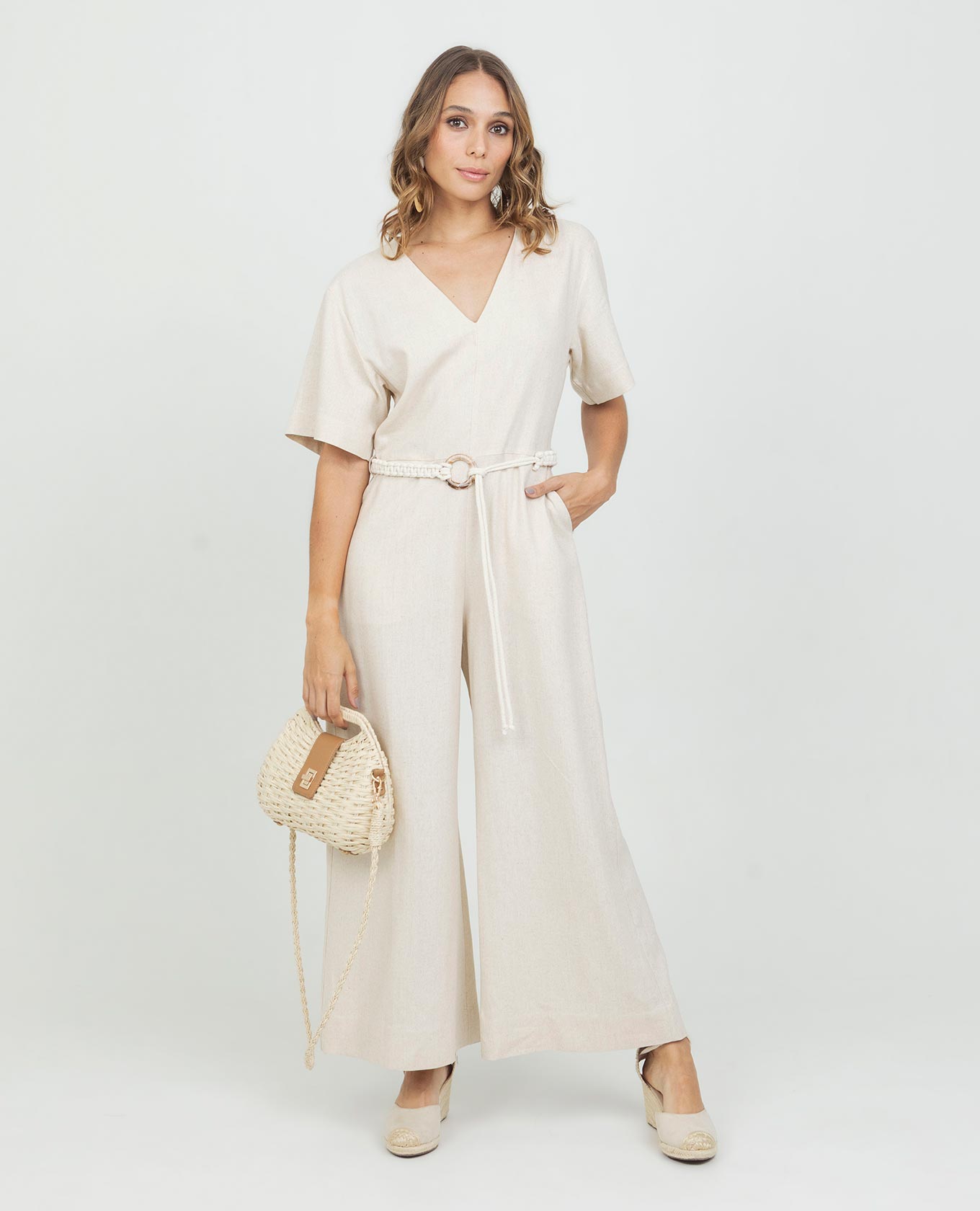 ENTERIZO LARGO PARA MUJER ESCOTE V MANGA CORTA CON CINTURÓN