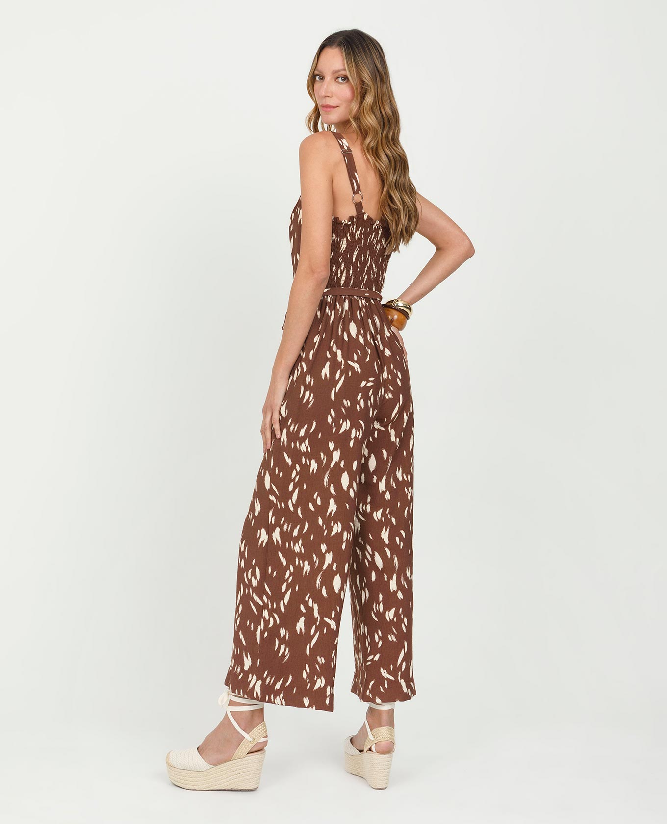 ENTERIZO ESTAMPADO PARA MUJER CON TIRAS ANCHAS GRADUABLES Y NIDO DE ABEJA Adrissa | Ropa para mujer Enterizos