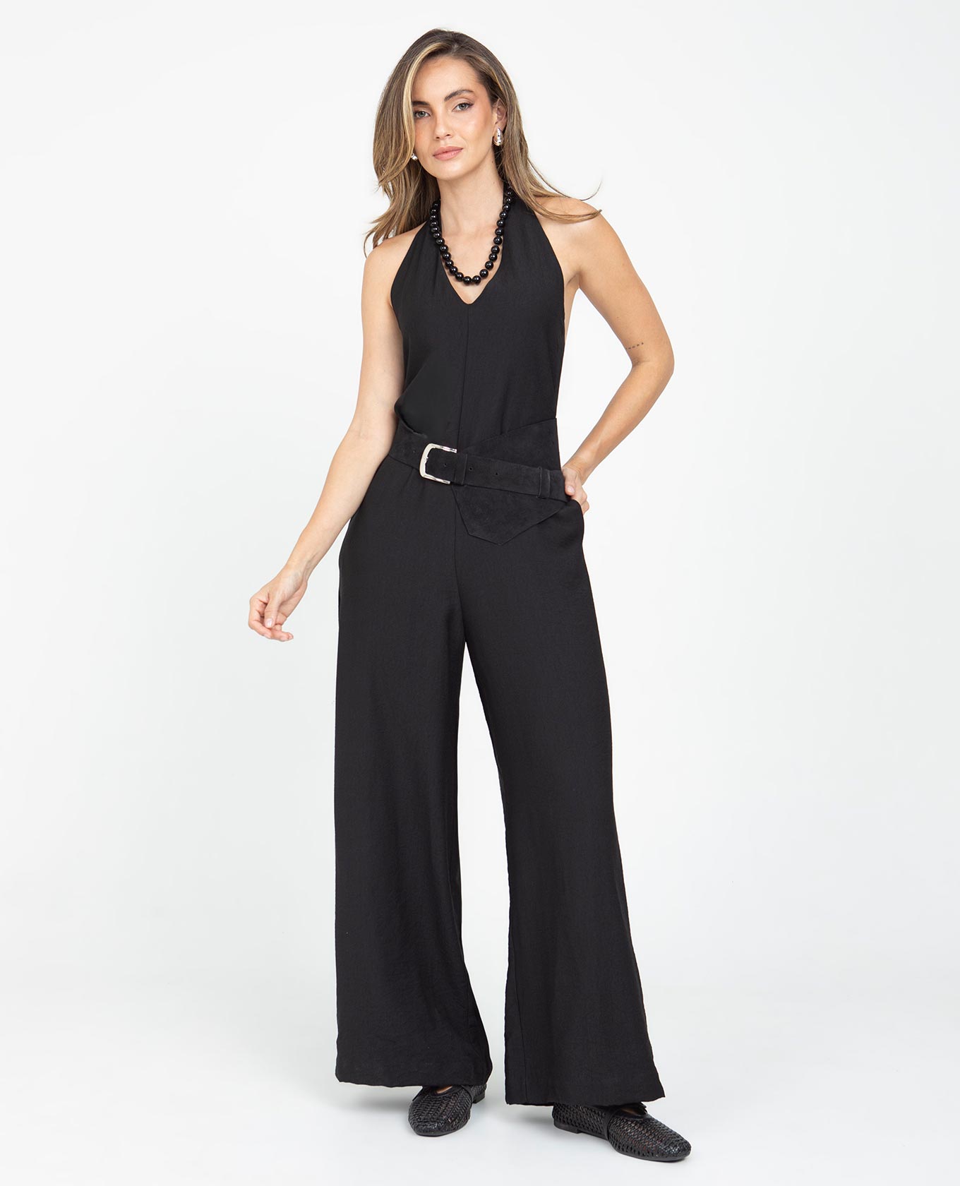 ENTERIZO NEGRO PARA MUJER ESCOTE V ESPALDA DESCUBIERTA CON ELASTICO Adrissa | Ropa para mujer