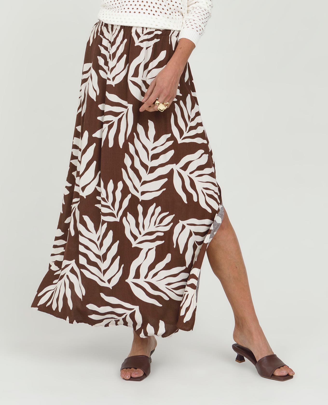 FALDA LARGA PARA MUJER ESTAMPADA CON ELÁSTICO CINTURA Y ABERTURAS COSTADOS Adrissa | Ropa para mujer Faldas