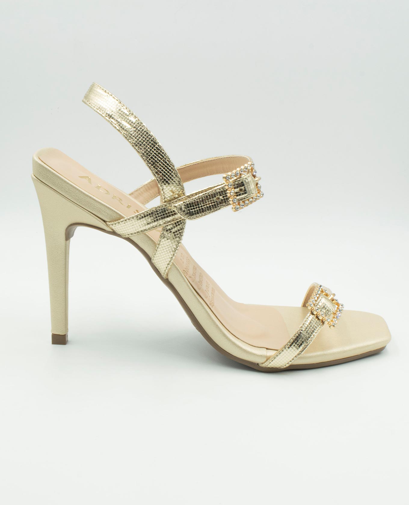 SANDALIA DE TACON TIRAS CON HEBILLAS CON BRILLO Adrissa | Ropa para mujer