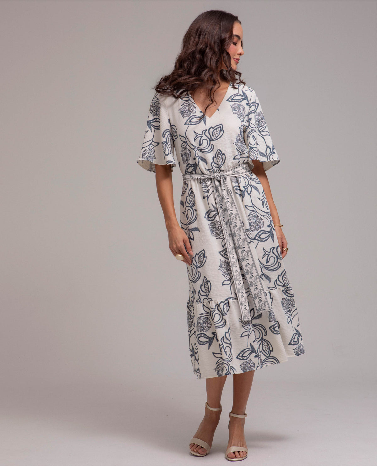 VESTIDO MIDI PARA MUJER ESTAMPADO ESCOTE V CON TIRAS Y ELASTICO CINTURA Adrissa | Ropa para mujer Vestidos