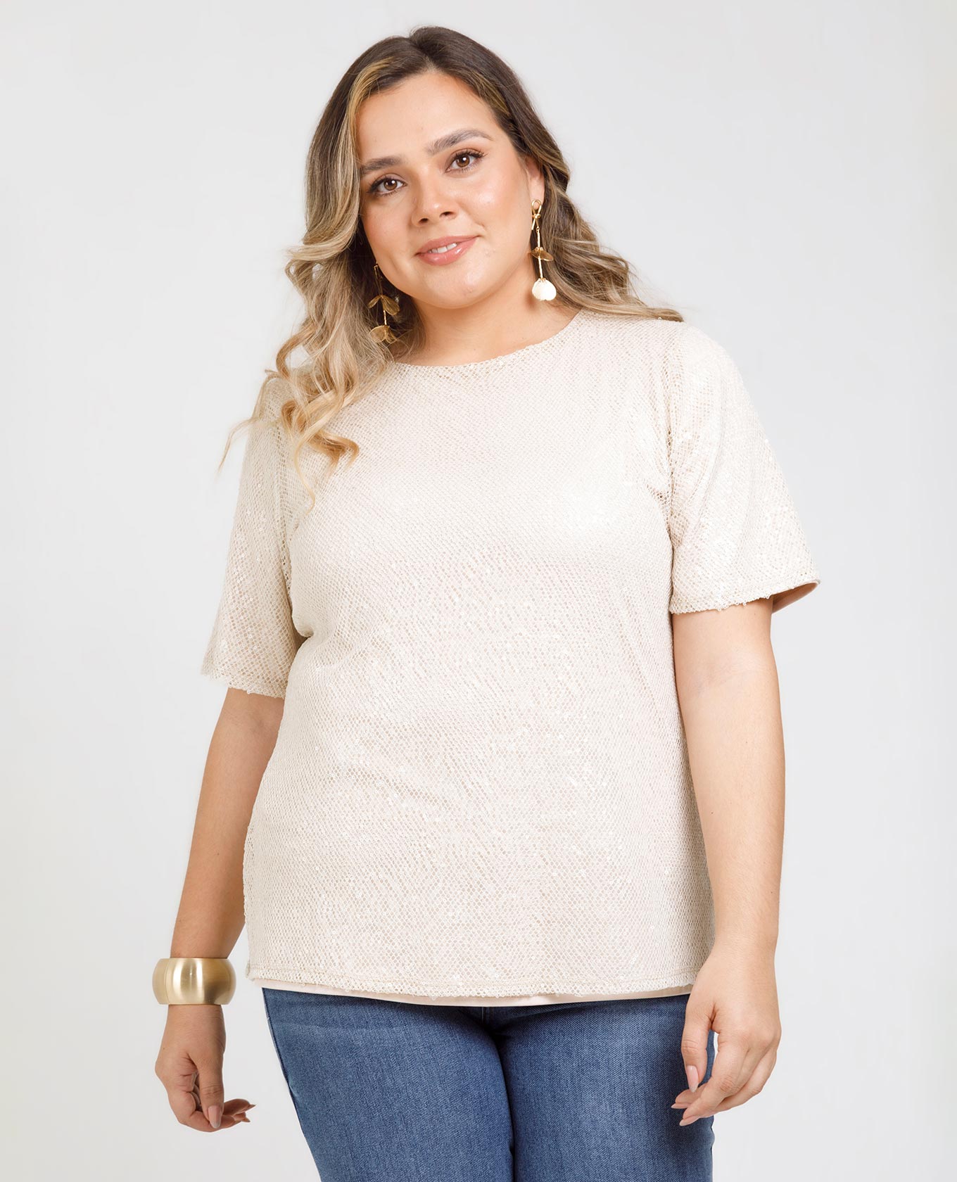 BLUSA LENTEJUELA TALLAS GRANDES ESCOTE REDONDO MANGA CORTA FORRADA Adrissa | Ropa para mujer Blusas