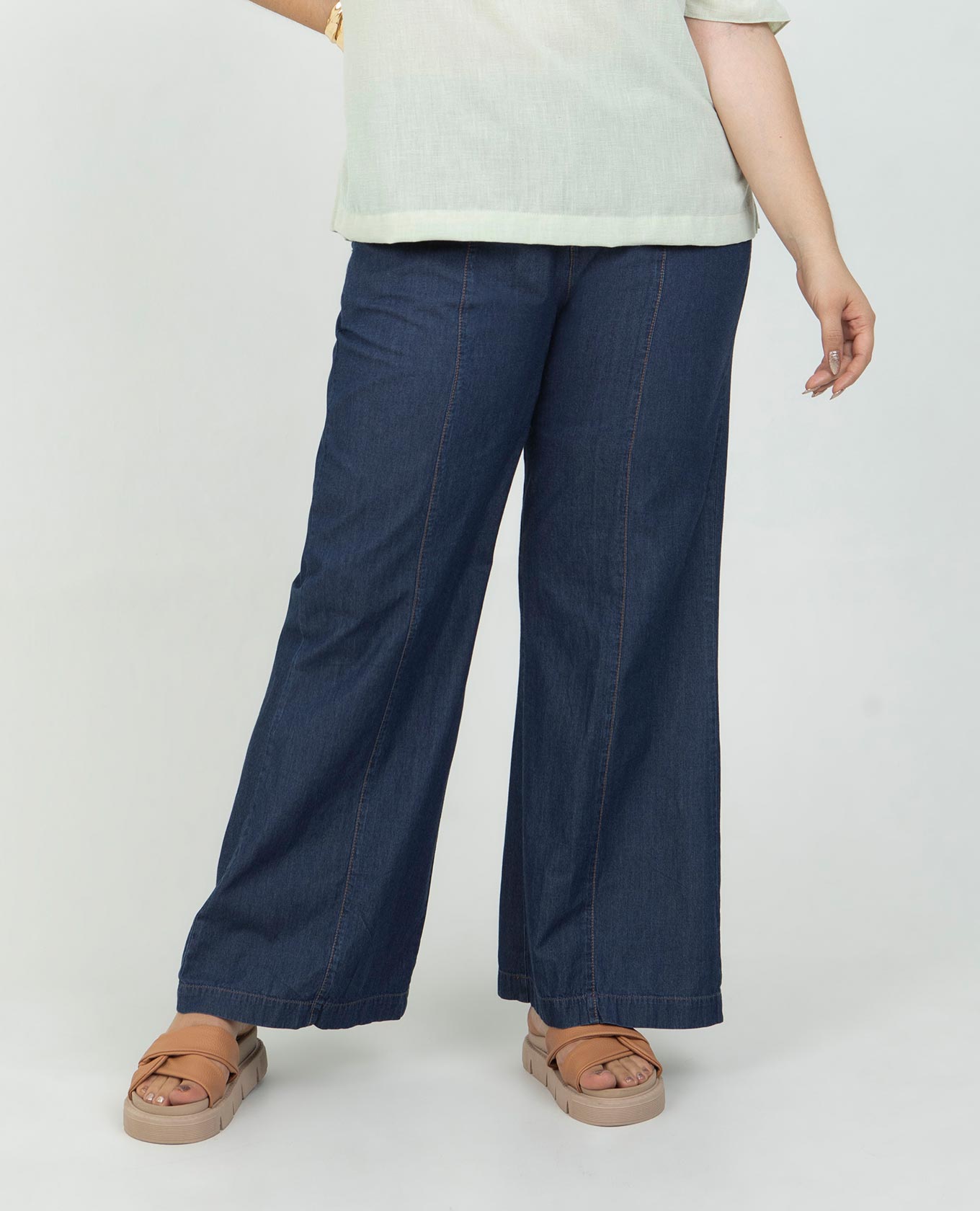 PANTALÓN CHAMBRAY TALLAS GRANDES CINTURA CON ELÁSTICO COSTURAS EN CONTRASTE Adrissa