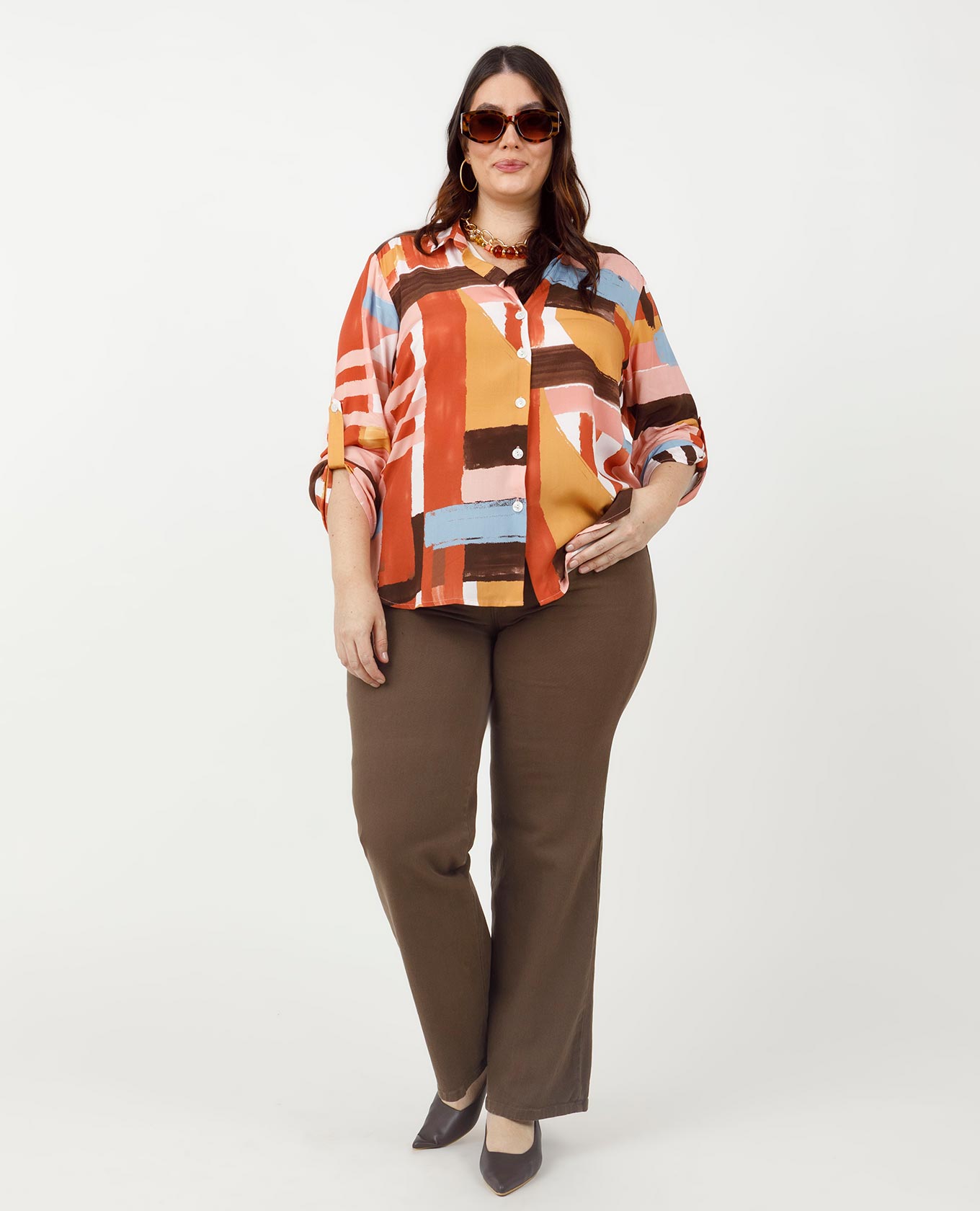 CAMISA ESTAMPADA TALLAS GRANDES MANGA 3/4 CON CHARRETERA Adrissa | Ropa para mujer Blusas