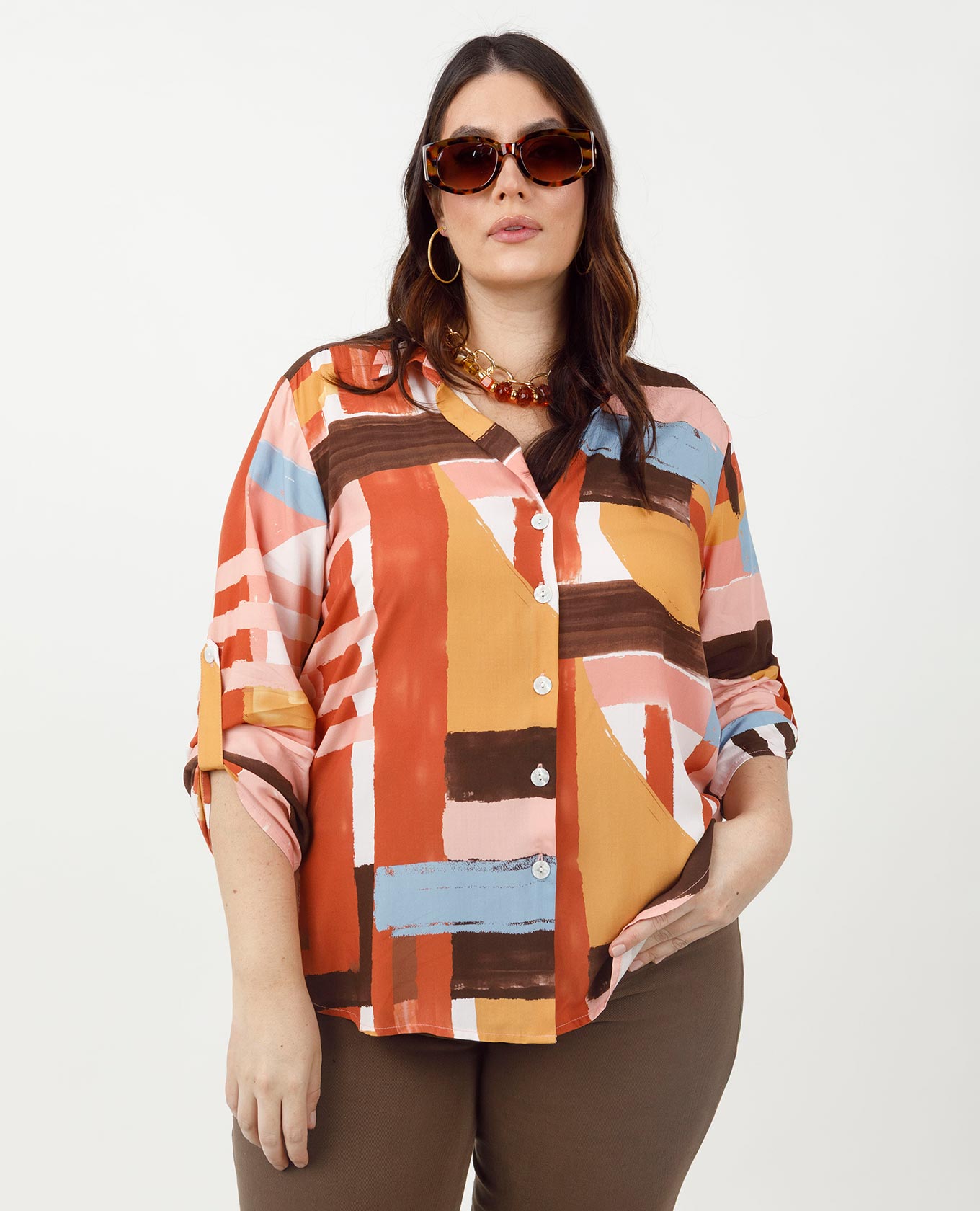 CAMISA ESTAMPADA TALLAS GRANDES MANGA 3/4 CON CHARRETERA Adrissa | Ropa para mujer Blusas