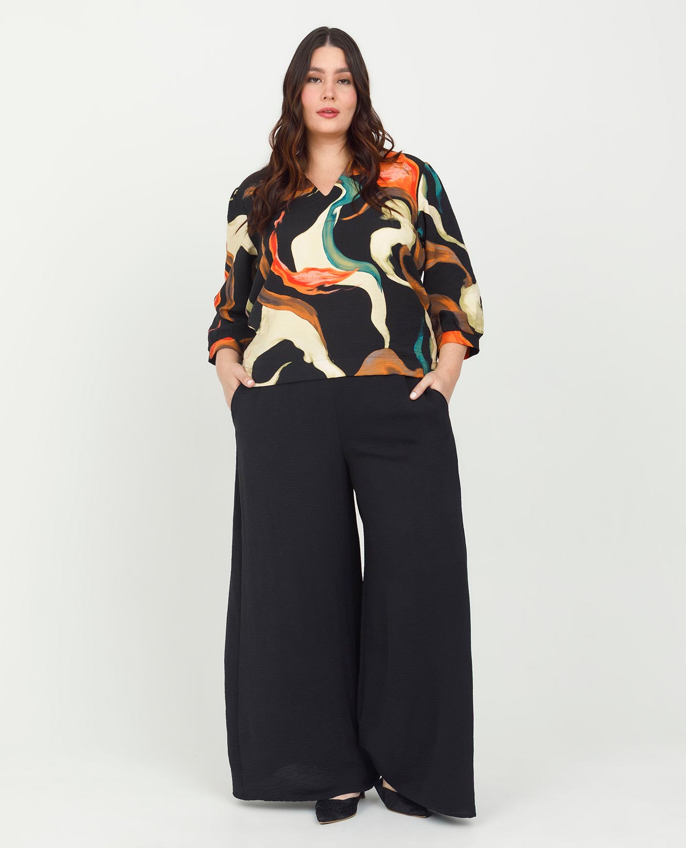 BLUSA ESTAMPADA TALLAS GRANDES CUELLO NERU MANGA 3/4 Adrissa | Ropa para mujer Blusas