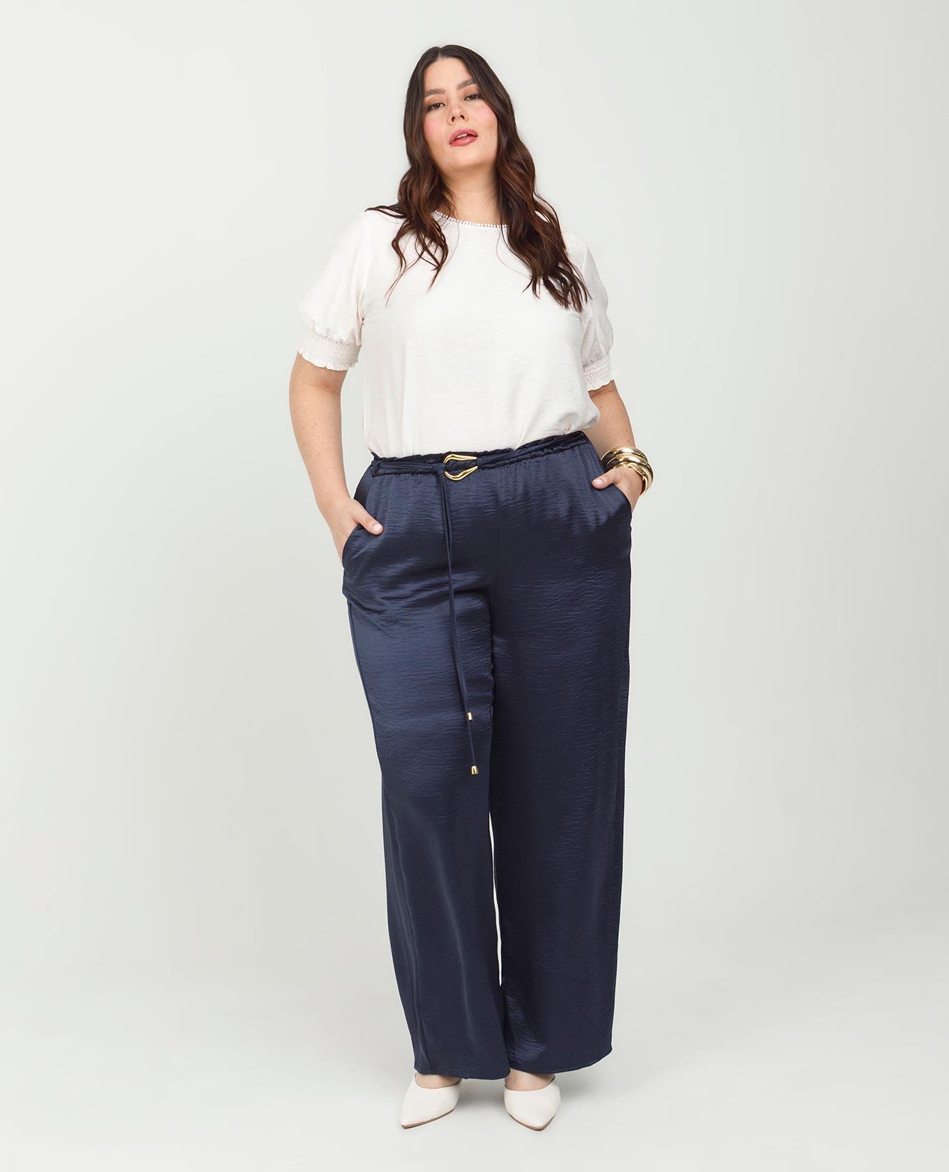 PANTALÓN SATINADO TALLAS GRANDES CINTURON CON HEBILLA PRETINA CON ELÁSTICO Adrissa | Ropa para mujer Pantalones
