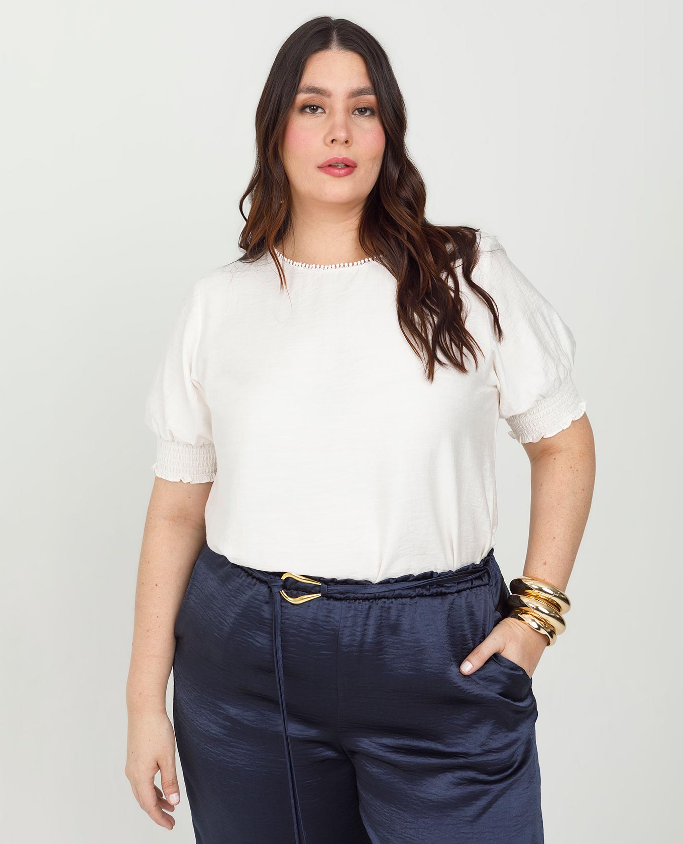 BLUSA MANGA CORTA TALLAS GRANDES ESCOTE CON PUNTILLA PUNOS CON NIDO DE ABEJA Adrissa | Ropa para mujer Blusas