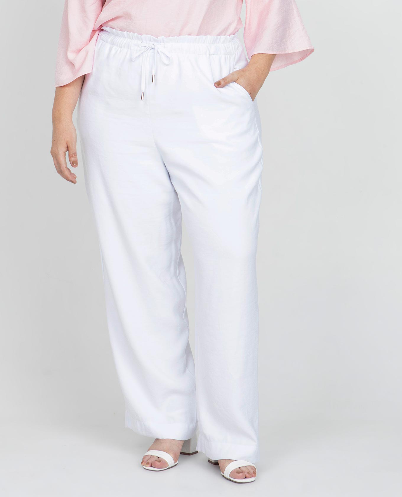 PANTALÓN BLANCO TALLAS GRANDES CINTURA CON ELÁSTICO Y CANAL CON TIRA PARA ANUDAR Adrissa | Ropa para mujer