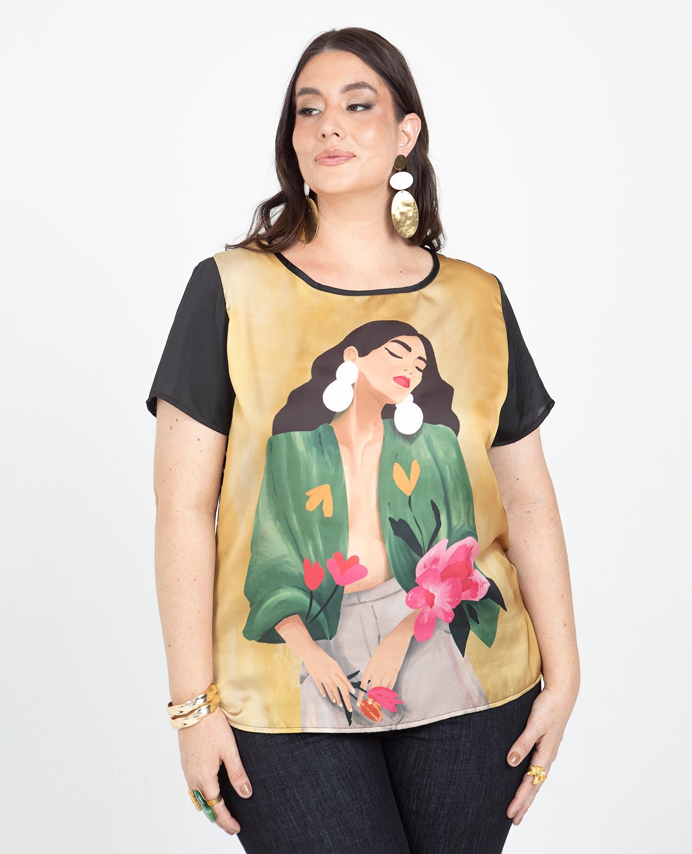 BLUSA MANGA CORTA TALLAS GRANDES ESTAMPADO EXCLUSIVO CON ESPALDA EN RAYAS Adrissa | Ropa para mujer Blusas