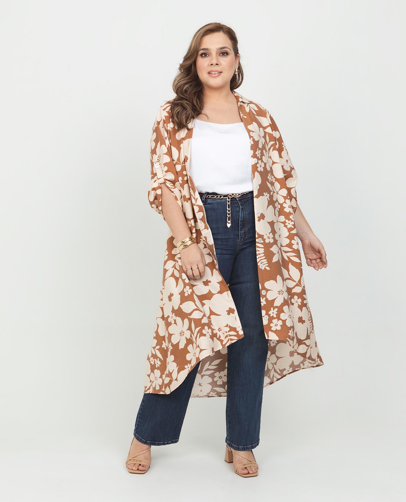 VESTIDO CAMISERO TALLAS GRANDES MANGA 3/4 CON CHARRETERAS Adrissa