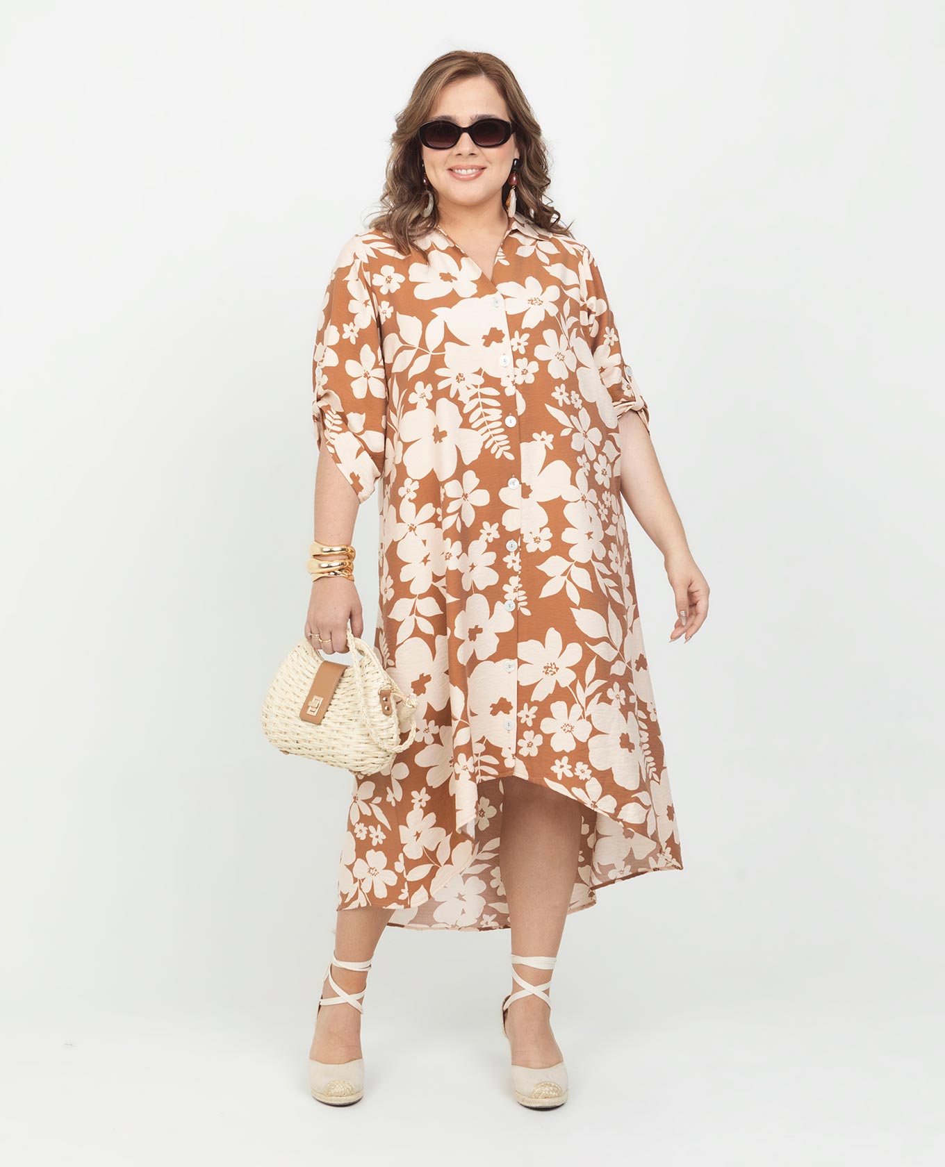 VESTIDO CAMISERO TALLAS GRANDES MANGA 3/4 CON CHARRETERAS Adrissa