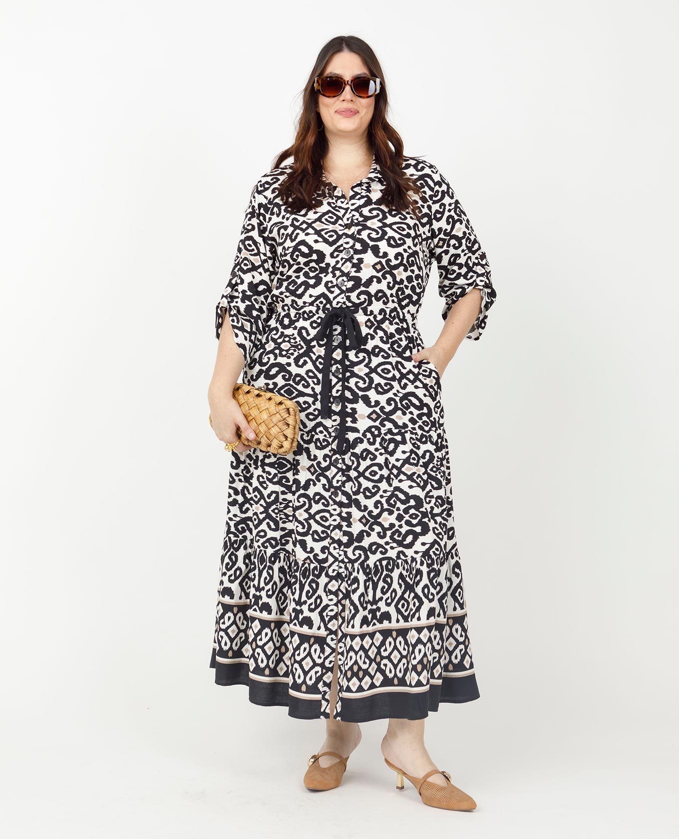 VESTIDO CAMISERO TALLAS GRANDES ESTAMPADO CON FAROLES CANAL EN CINTURA Y CENEFA Adrissa | Ropa para mujer