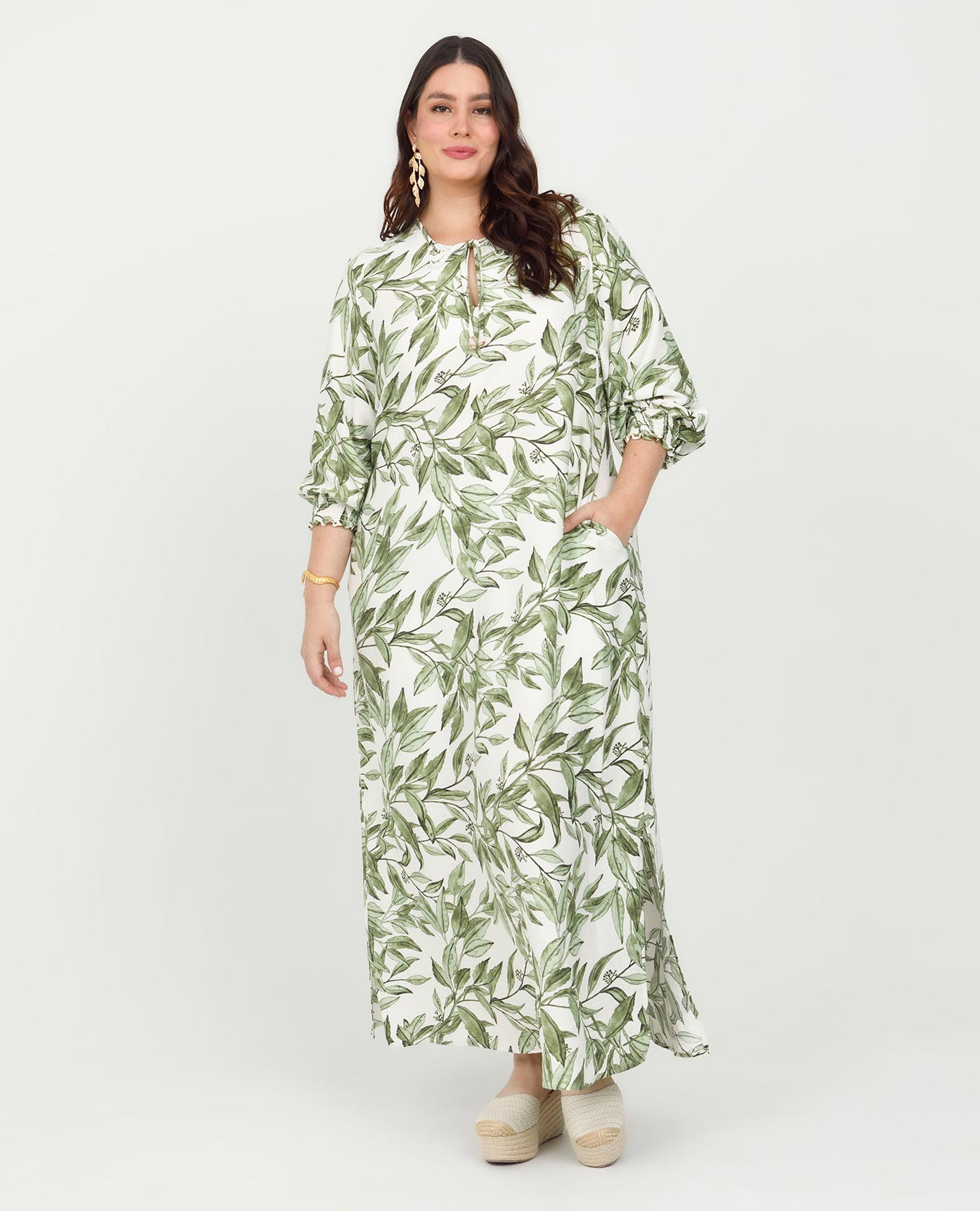 VESTIDO LARGO TALLAS GRANDES ESTAMPADO MANGA 3/4 CON PUÑOS EN NIDO DE ABEJA Adrissa | Ropa para mujer Vestidos