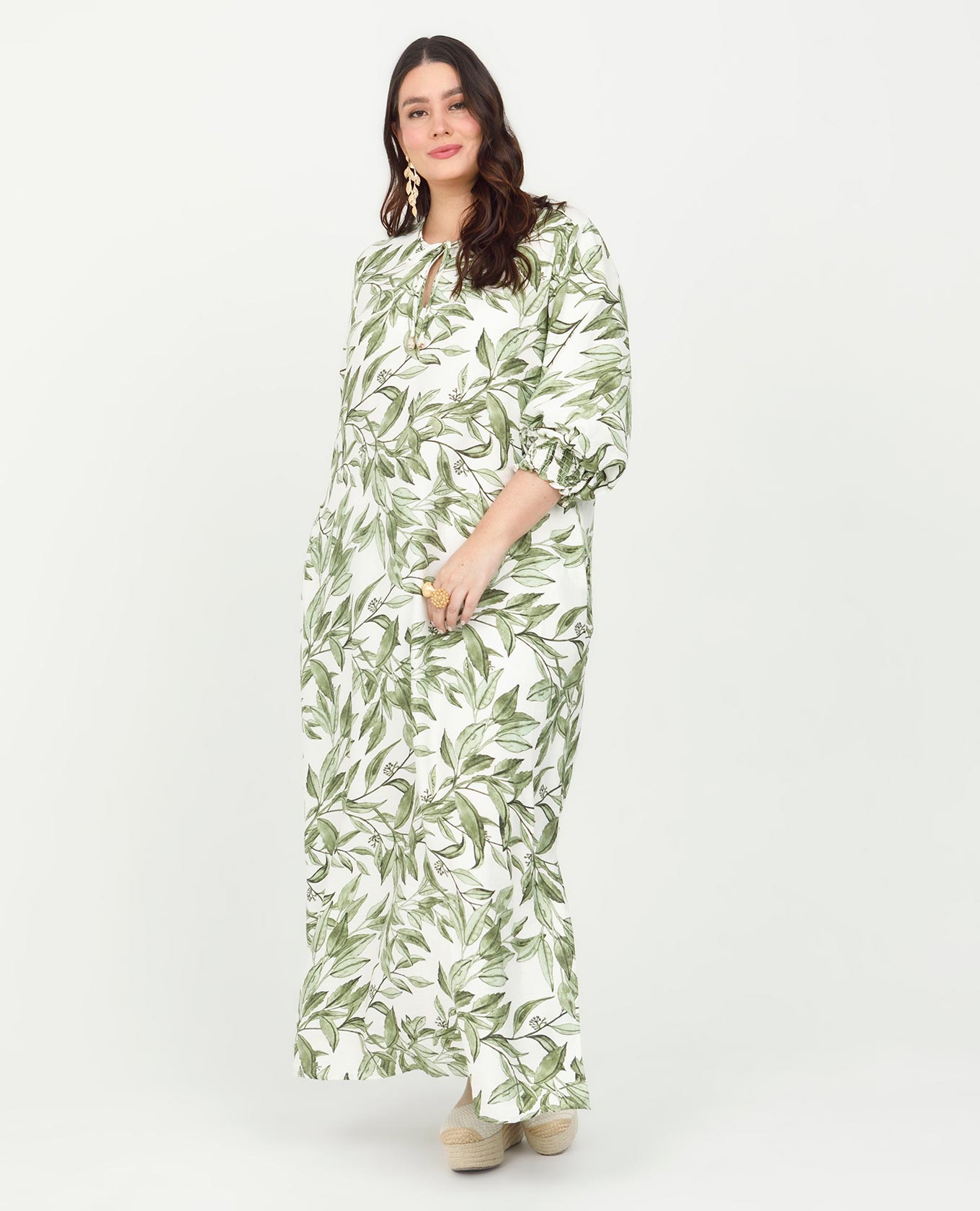 VESTIDO LARGO TALLAS GRANDES ESTAMPADO MANGA 3/4 CON PUÑOS EN NIDO DE ABEJA Adrissa | Ropa para mujer Vestidos