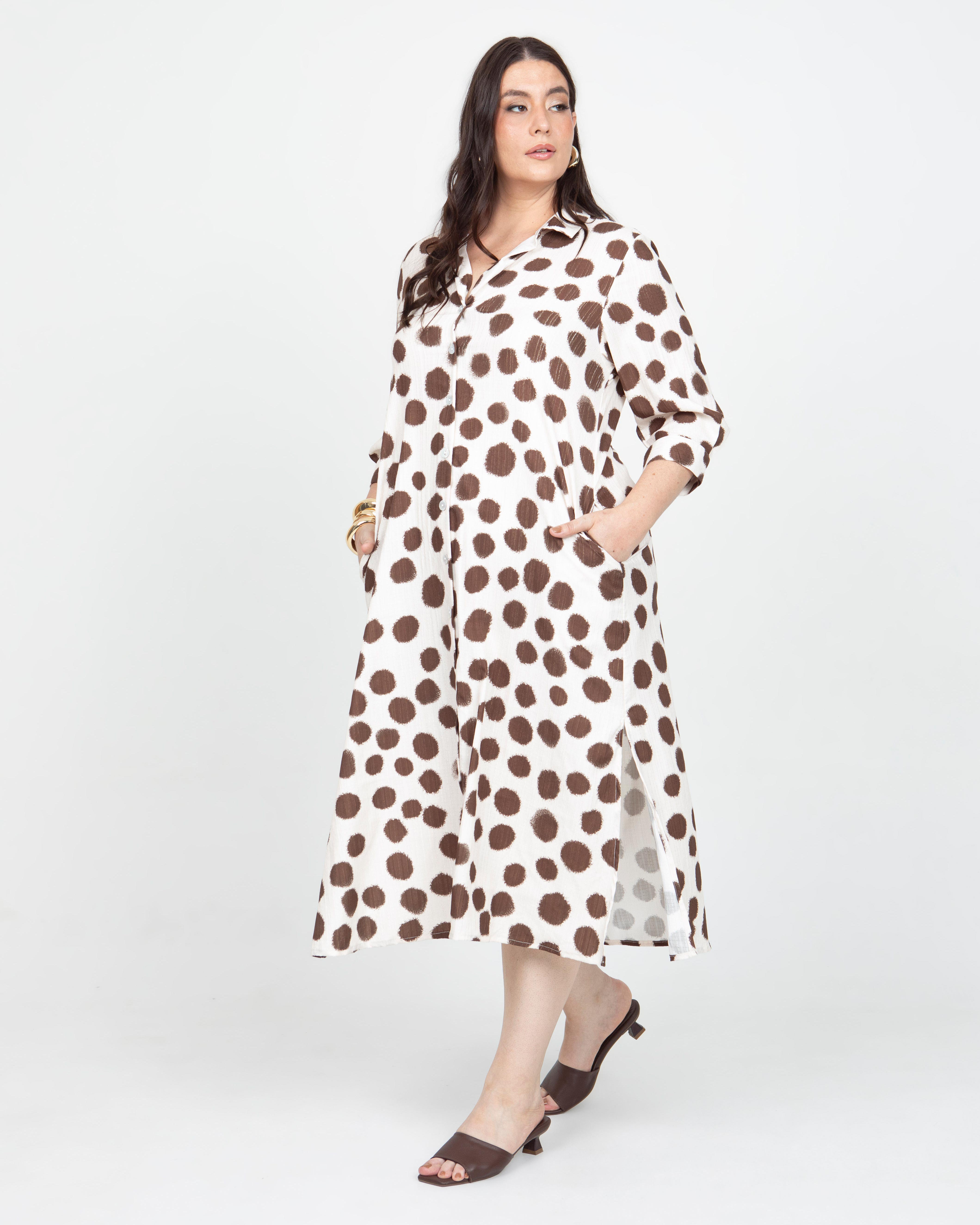 VESTIDO CAMISERO TALLAS GRANDES ESTAMPADO LUNARES EN JACQUARD MANGA 3/4 Adrissa | Ropa para mujer Vestidos