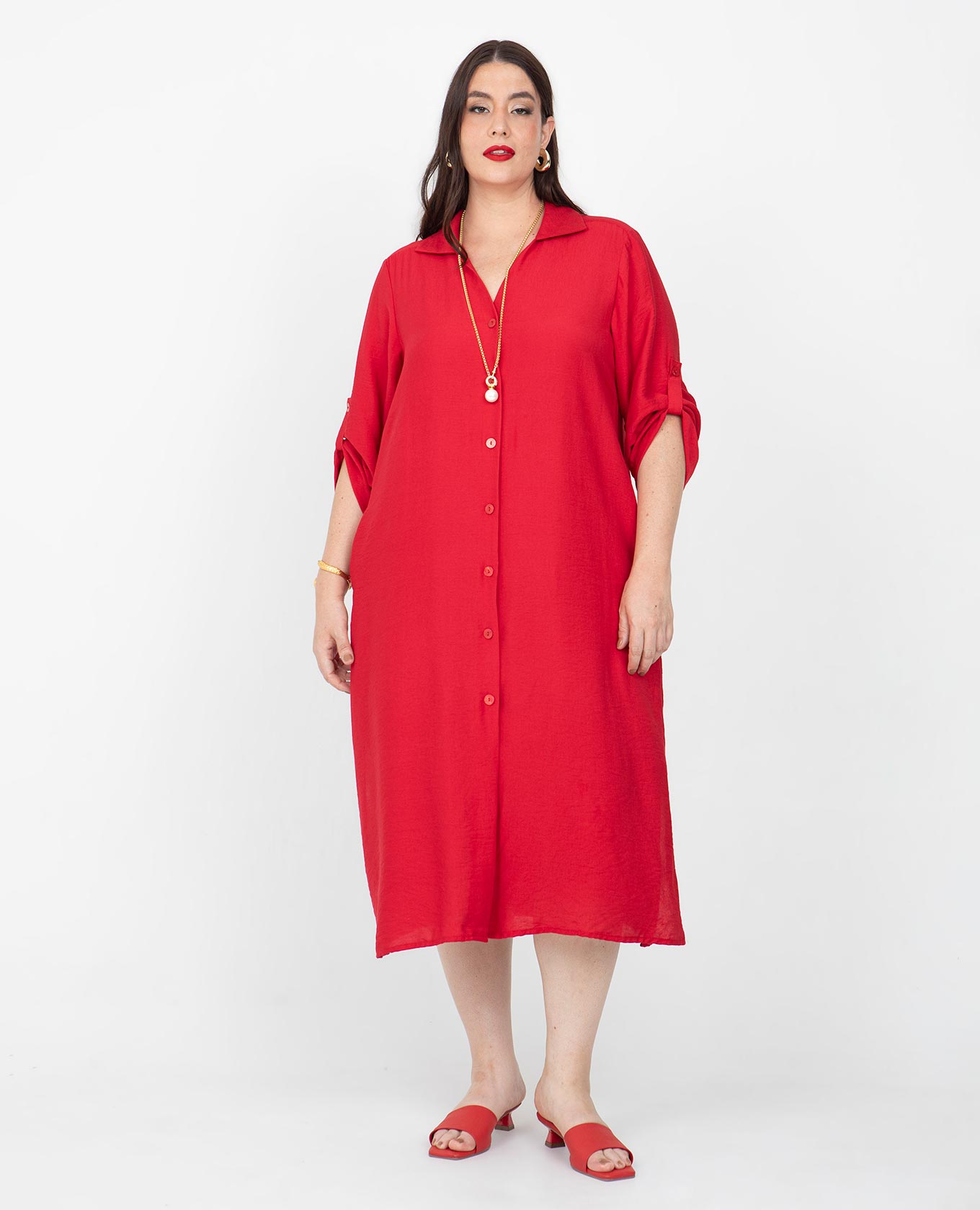 VESTIDO CAMISERO TALLAS GRANDES MANGA 3/4 CON CHARRETERAS