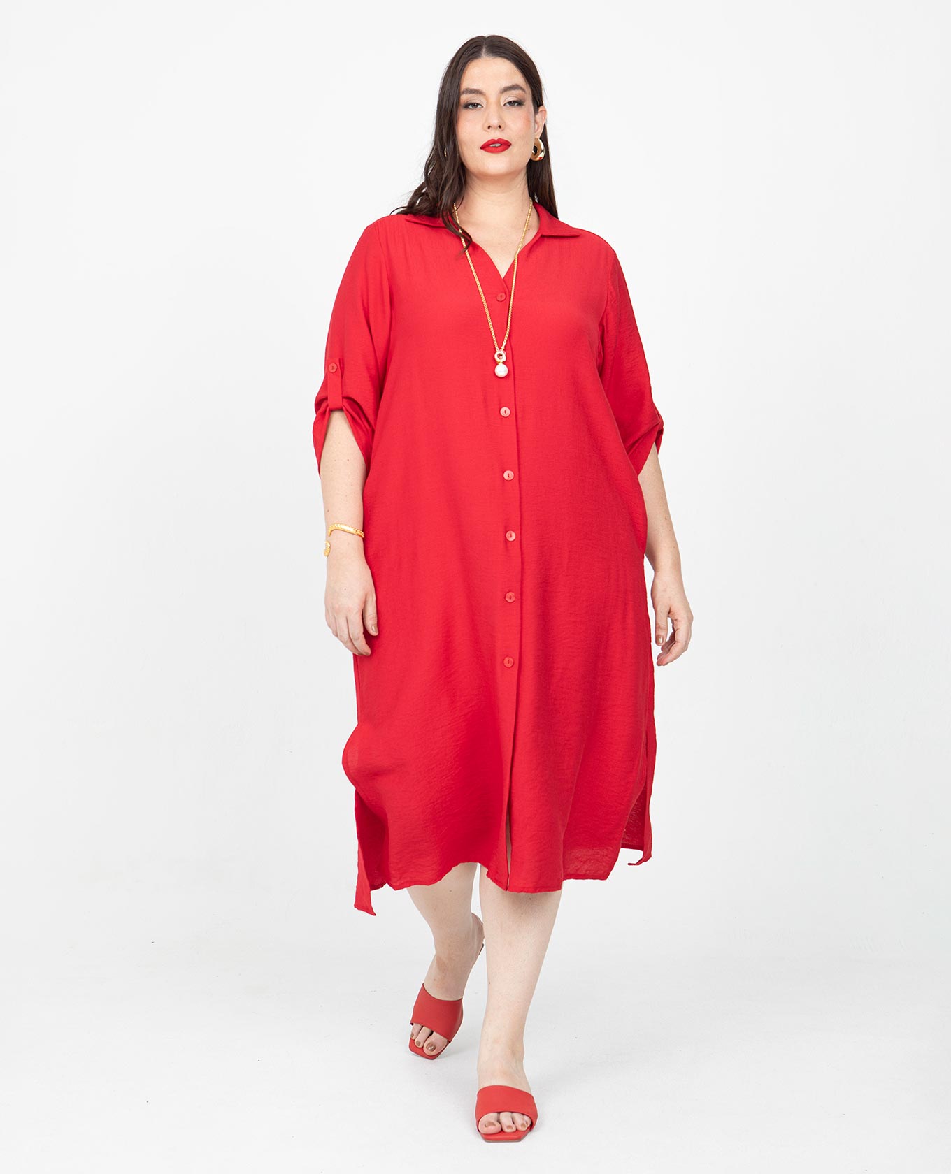 VESTIDO CAMISERO TALLAS GRANDES MANGA 3/4 CON CHARRETERAS