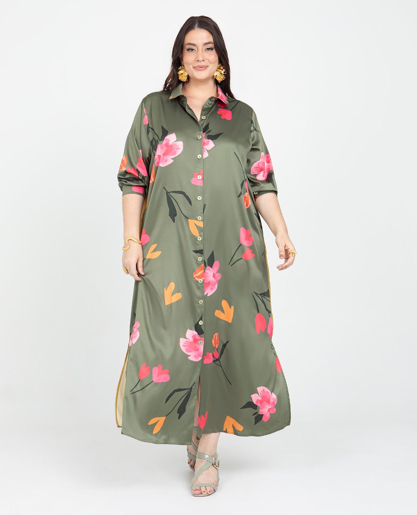 VESTIDO LARGO TALLAS GRANDES CAMISERO ESTAMPADO EXCLUSIVO MANGA 3/4 Adrissa | Ropa para mujer Vestidos