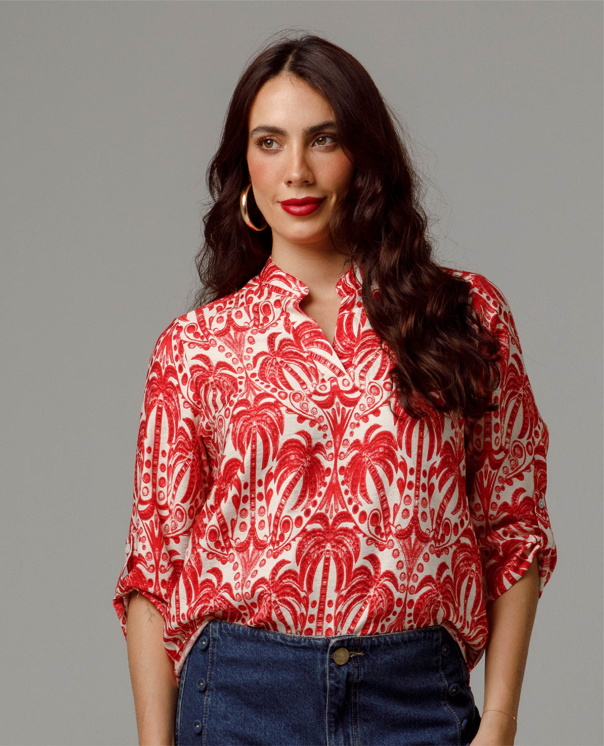 CAMISA MANGA 3/4 PARA MUJER ESTAMPADO PALMERAS CUELLO NERU CON CHARRETERA