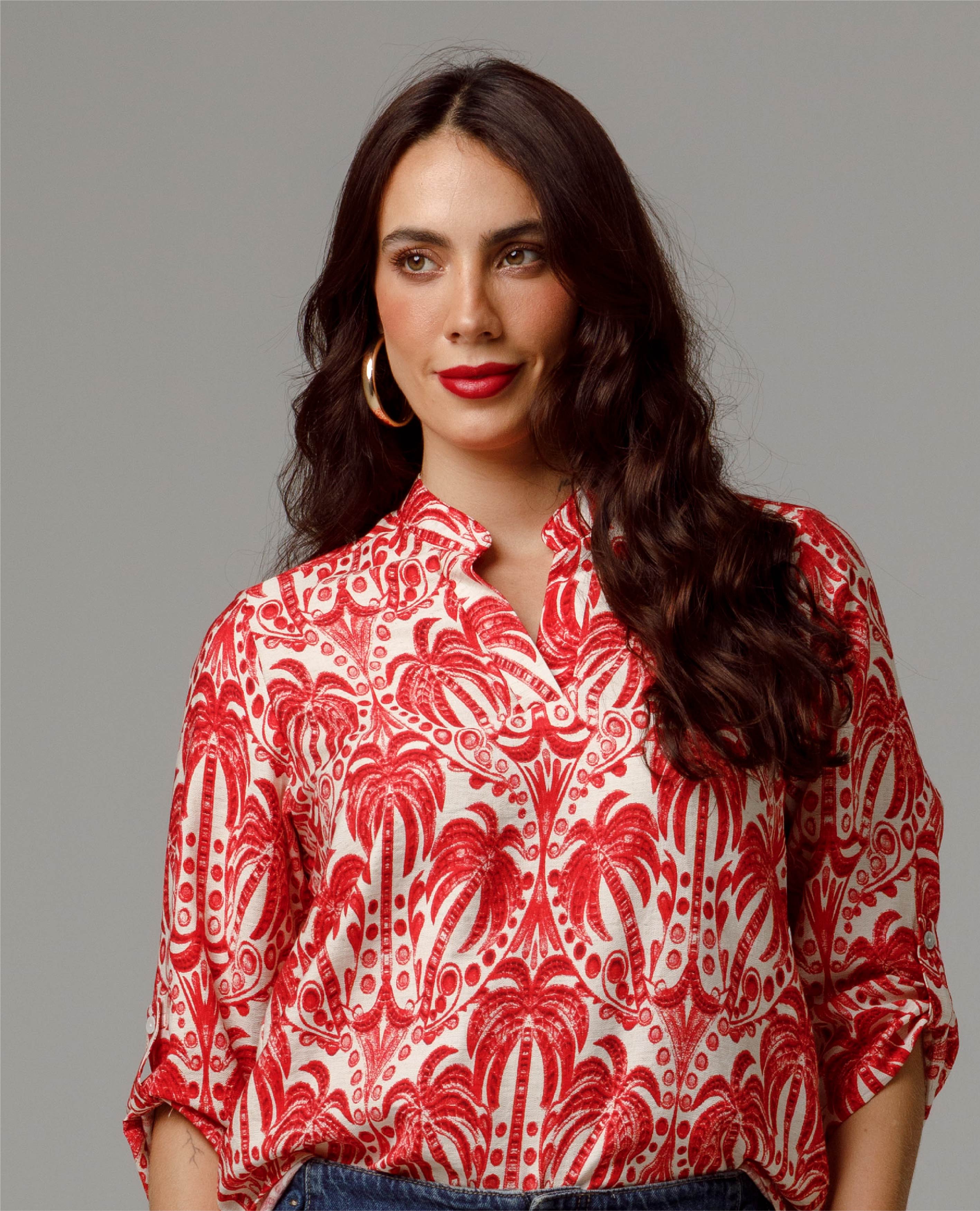 CAMISA MANGA 3/4 PARA MUJER ESTAMPADO PALMERAS CUELLO NERU CON CHARRETERA