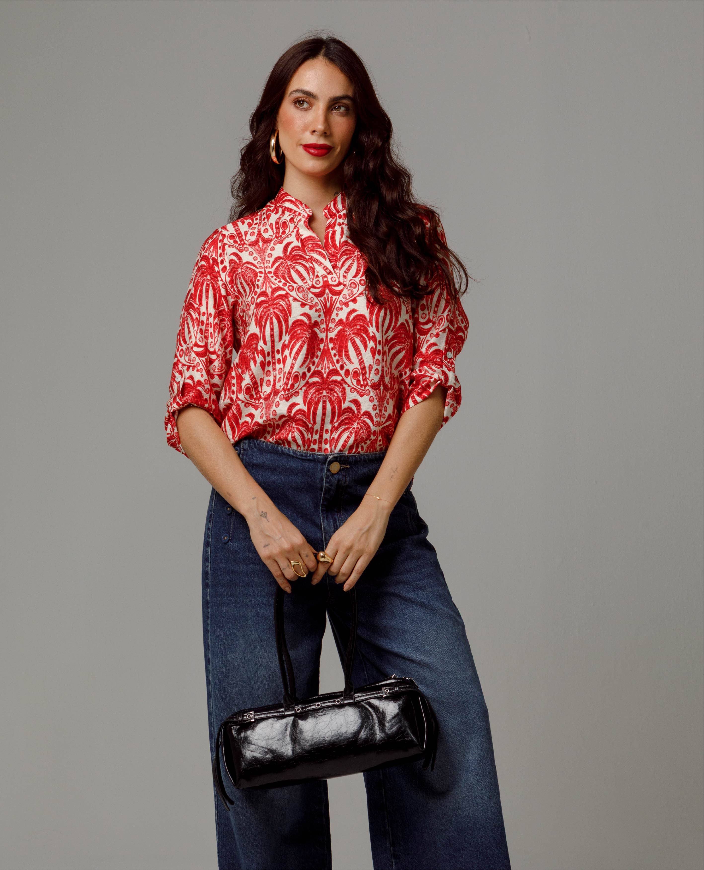 CAMISA MANGA 3/4 PARA MUJER ESTAMPADO PALMERAS CUELLO NERU CON CHARRETERA