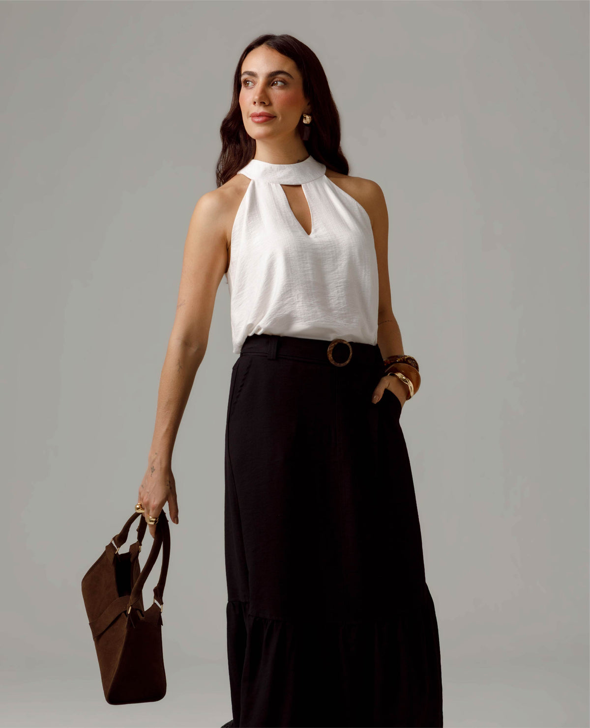 FALDA NEGRA PARA MUJER LARGA CON CINTURON Y ELASTICO EN PRETINA TRASERA Adrissa | Ropa para mujer Faldas