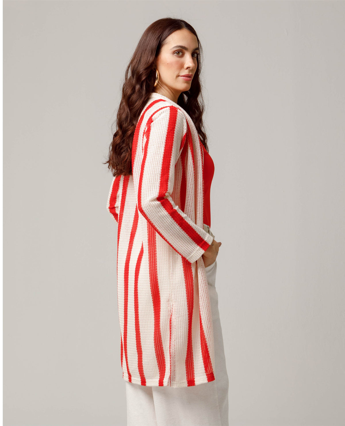 CARDIGAN TEJIDO PARA MUJER A RAYAS MANGA LARGA CON ABERTURAS
