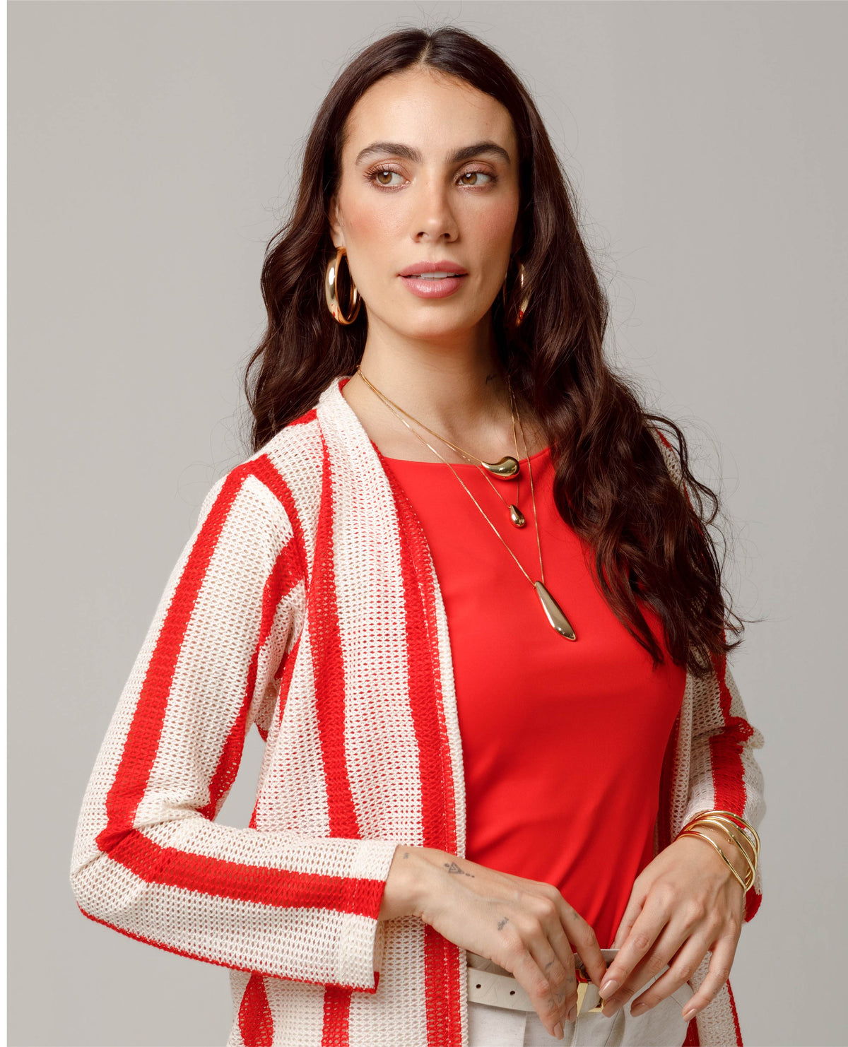CARDIGAN TEJIDO PARA MUJER A RAYAS MANGA LARGA CON ABERTURAS