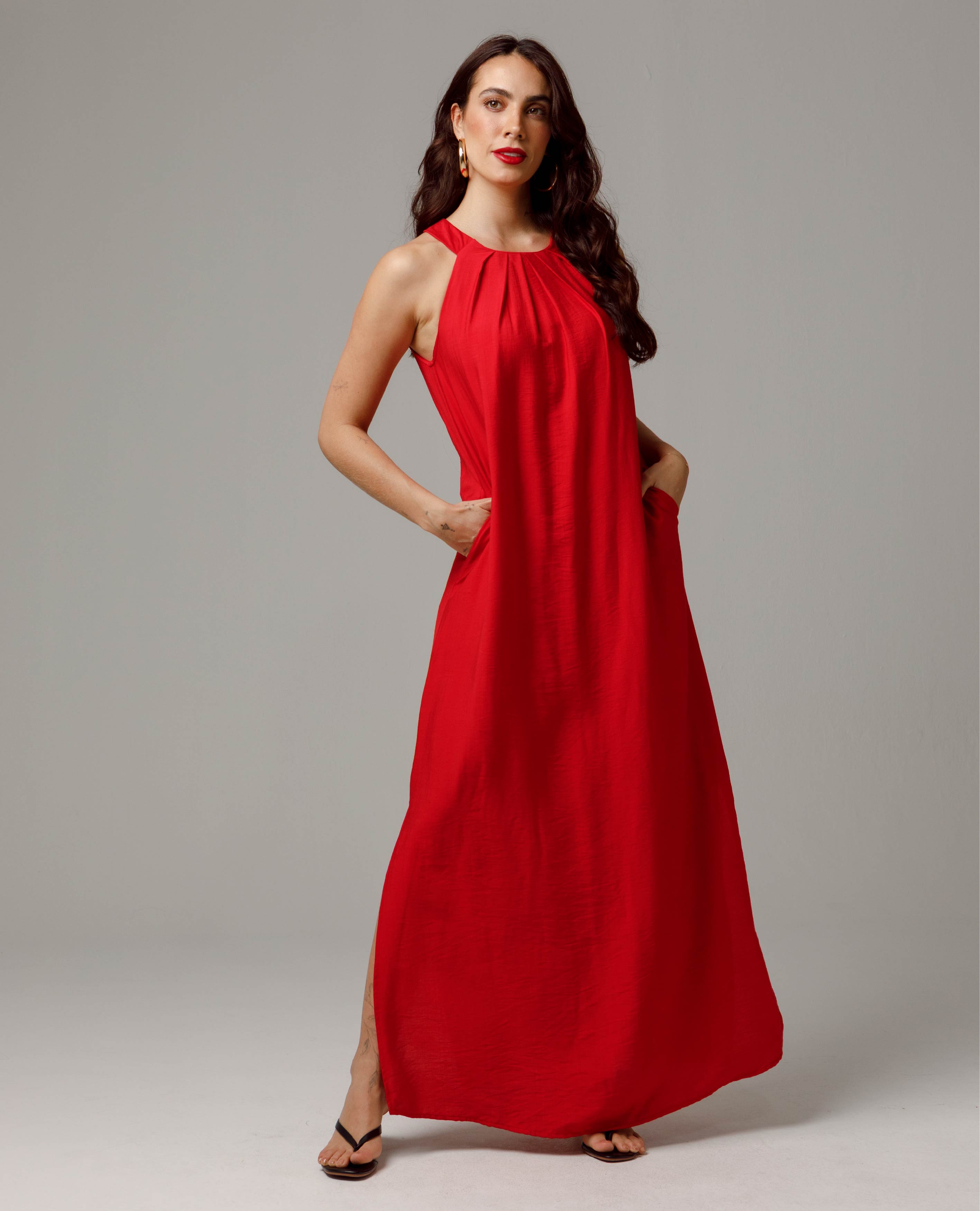 VESTIDO LARGO PARA MUJER ESCOTE HALTER CON PRESNES Y CINTURON