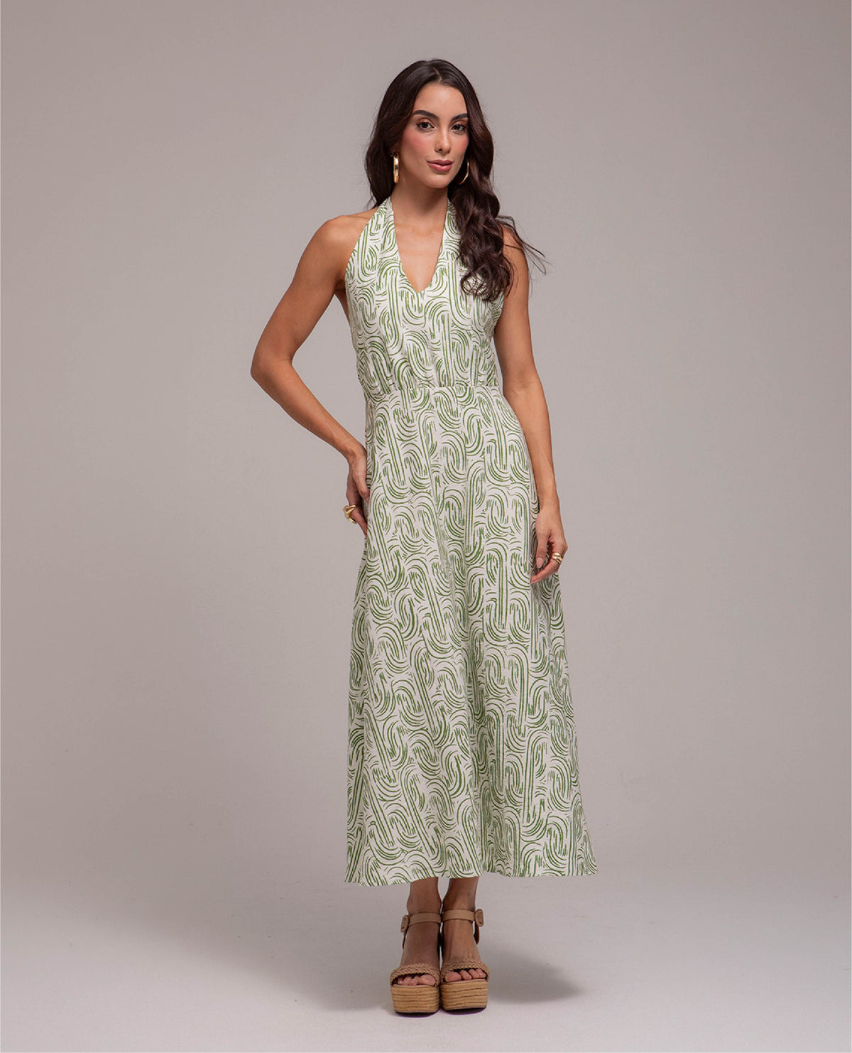 VESTIDO LARGO PARA MUJER ESTAMPADO ESCOTE HALTER EN V CON ESPALDA DESCUBIERTA Adrissa | Ropa para mujer Vestidos