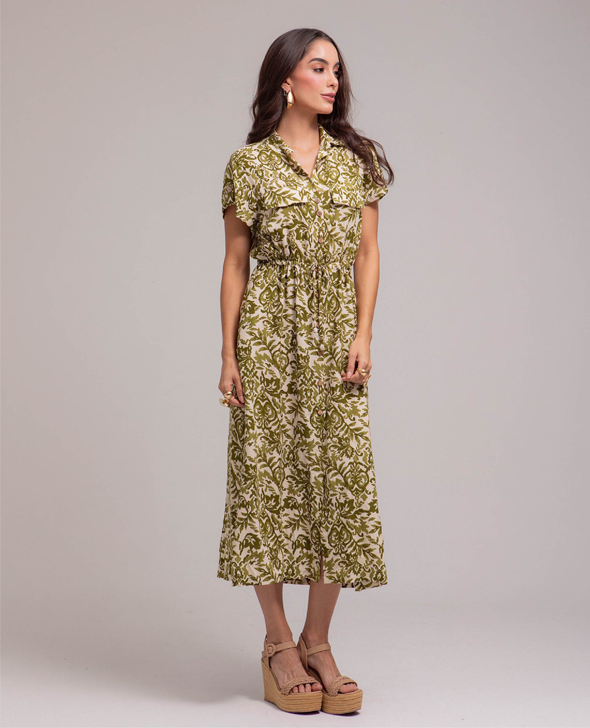 VESTIDO LARGO PARA MUJER CAMISERO ESTAMPADO CON CANAL EN CINTURA Y CHARRETERAS Adrissa | Ropa para mujer Vestidos