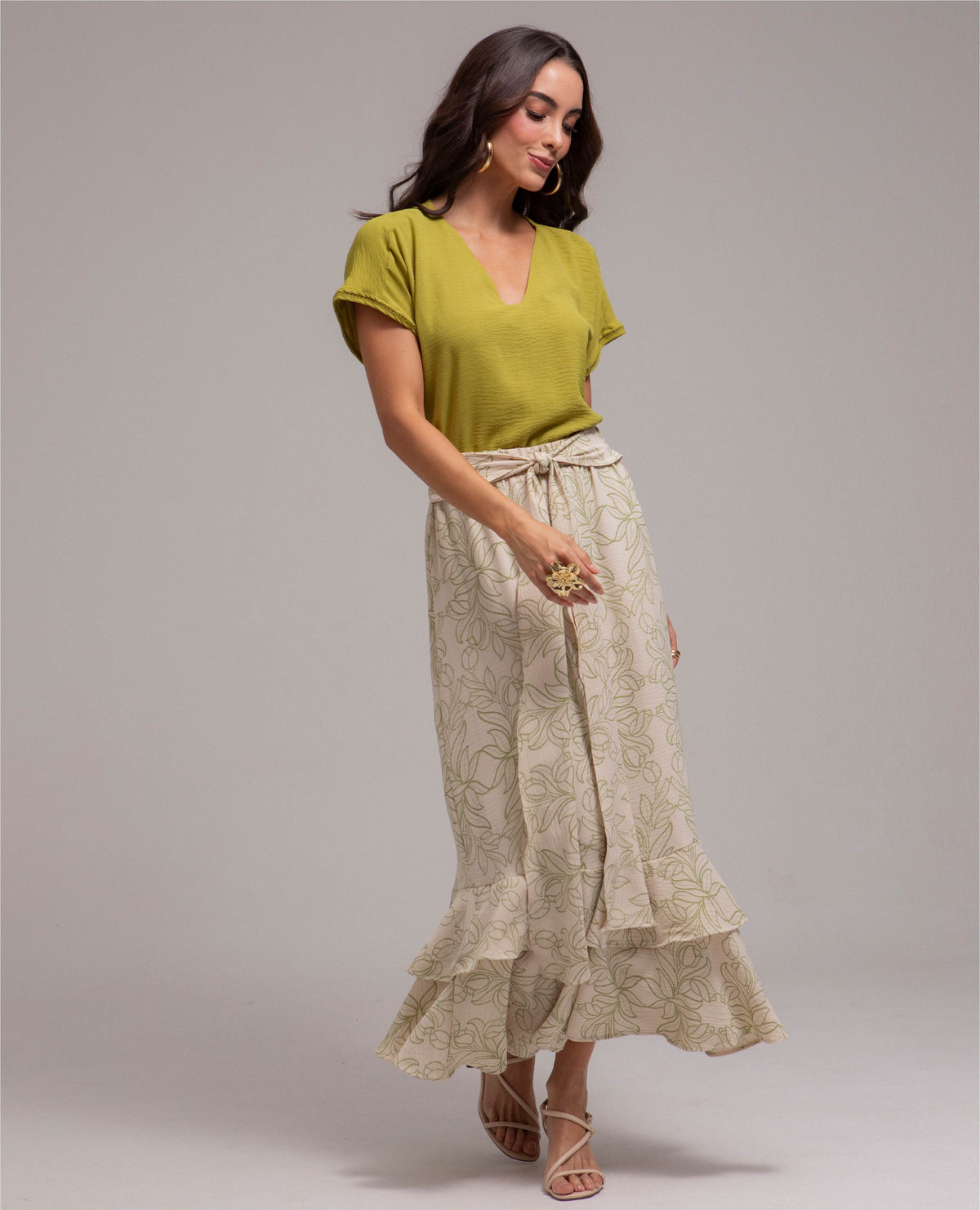 FALDA LARGA PARA MUJER ESTAMPADA CON TIRA EN CINTURA Y DOBLE BOLERO Adrissa | Ropa para mujer Faldas