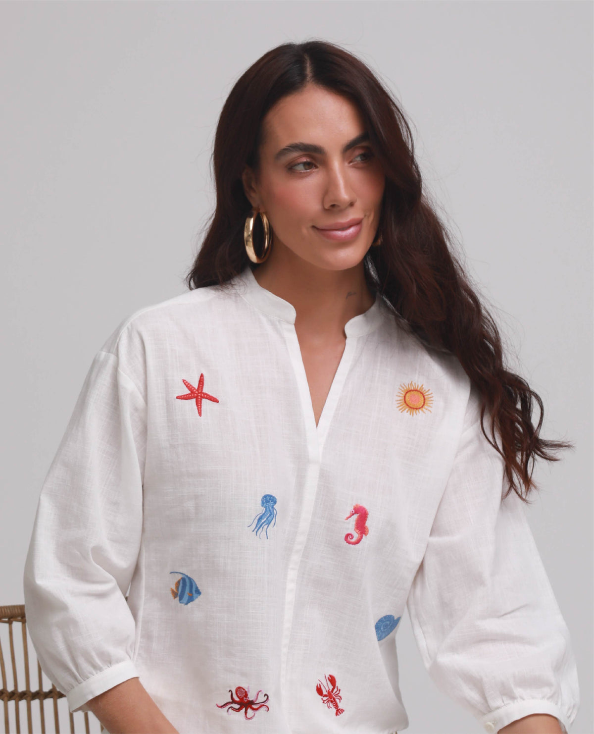 BLUSA MANGA 3/4 PARA MUJER CON ANIMALES DEL MAR BORDADAS EN FRENTES Adrissa | Ropa para mujer Blusas