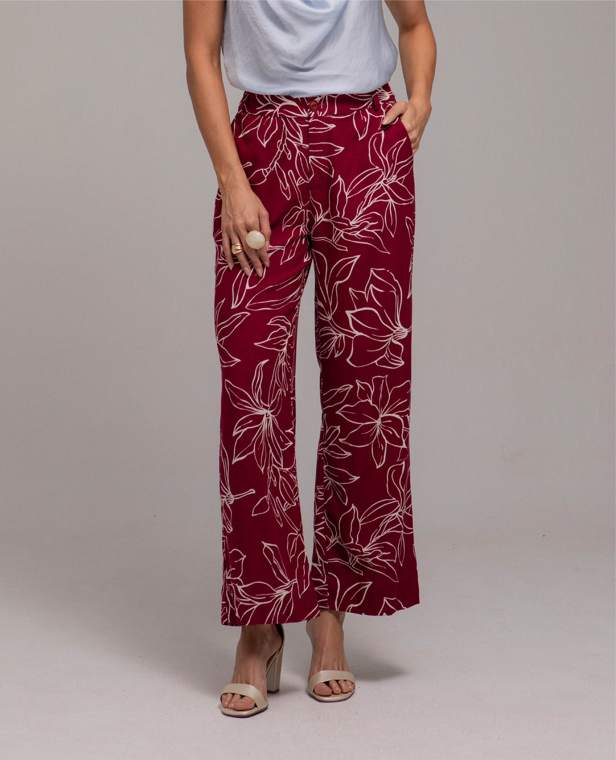 PANTALON RECTO PARA MUJER ESTAMPADO BICOLOR FLORES EN TELA MEZCLA CON LINO