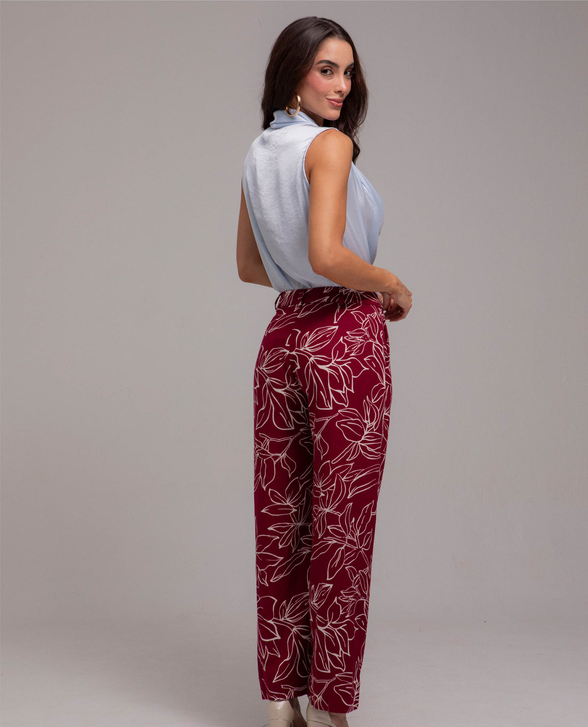 PANTALON RECTO PARA MUJER ESTAMPADO BICOLOR FLORES EN TELA MEZCLA CON LINO
