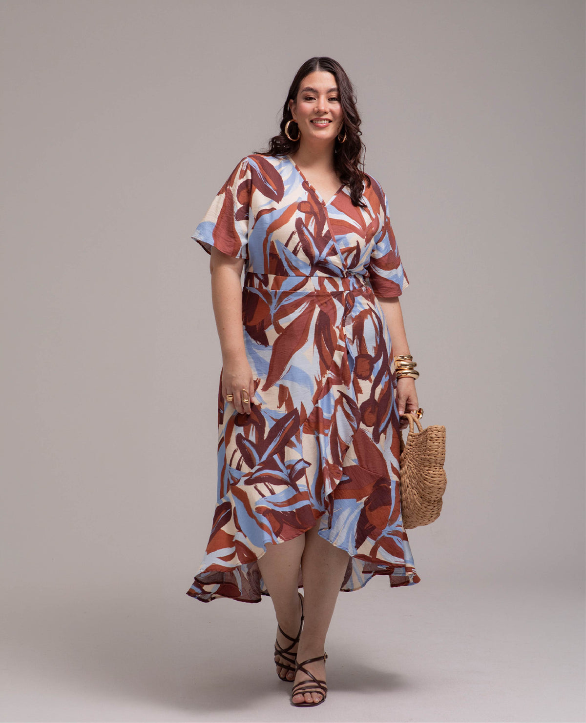 VESTIDO MIDI TALLAS GRANDES ASIMETRICO ESTAMPADO ESCOTE V CRUZADO MANGA CORTA