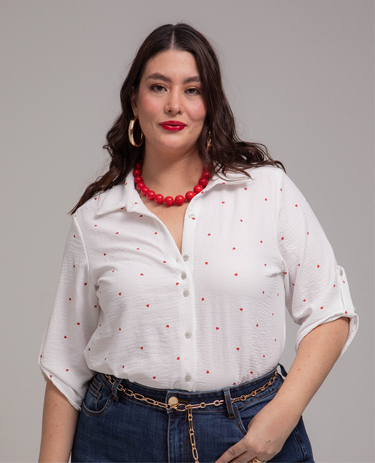 CAMISA MANGA 3/4 TALLAS GRANDES ESTAMPADO CORAZONES CON CHARRETERAS