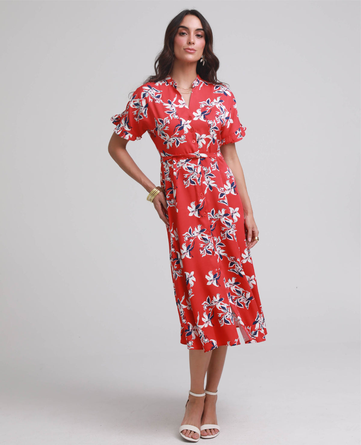 VESTIDO CAMISERO MIDI PARA MUJER ESTAMPADO CUELLO NERU FALDA CON NESGAS Adrissa | Ropa para mujer Vestidos