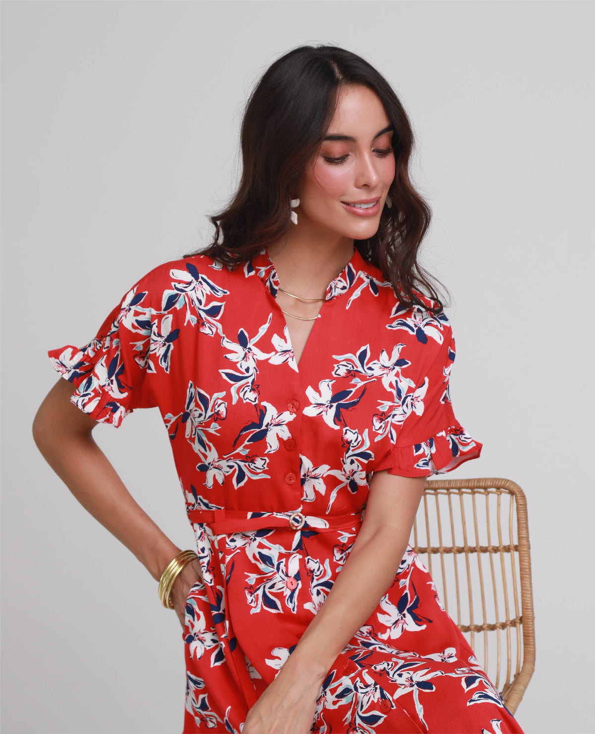 VESTIDO CAMISERO MIDI PARA MUJER ESTAMPADO CUELLO NERU FALDA CON NESGAS Adrissa | Ropa para mujer Vestidos